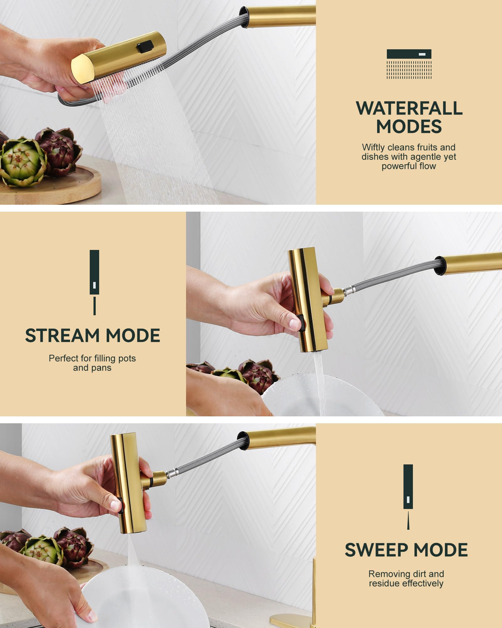 Waterfall Kitchen Sink Faucet With Sprayer: 3 Modes(Waterfall/Stream/Sweep) Pull Down Sprayer - Iviga Gold Splash Proof Sink Fua