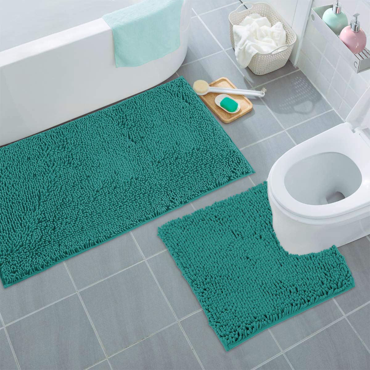 Luxurious 2-Piece Bathroom Rug Set In Turquoise: Chenille Bath Mat + U-Shaped Toilet Mat, Plush Anti-Slip Design, Microfiber Sha