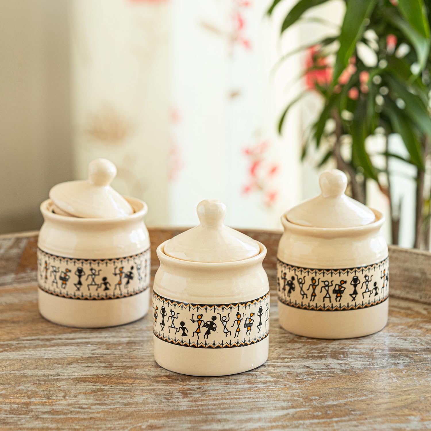 Exclusivelane Warli Tales Handcrafted Ceramic Pickle Jar With Lid Pickle Jars For Dining Table With Spoon Achar Container Chut