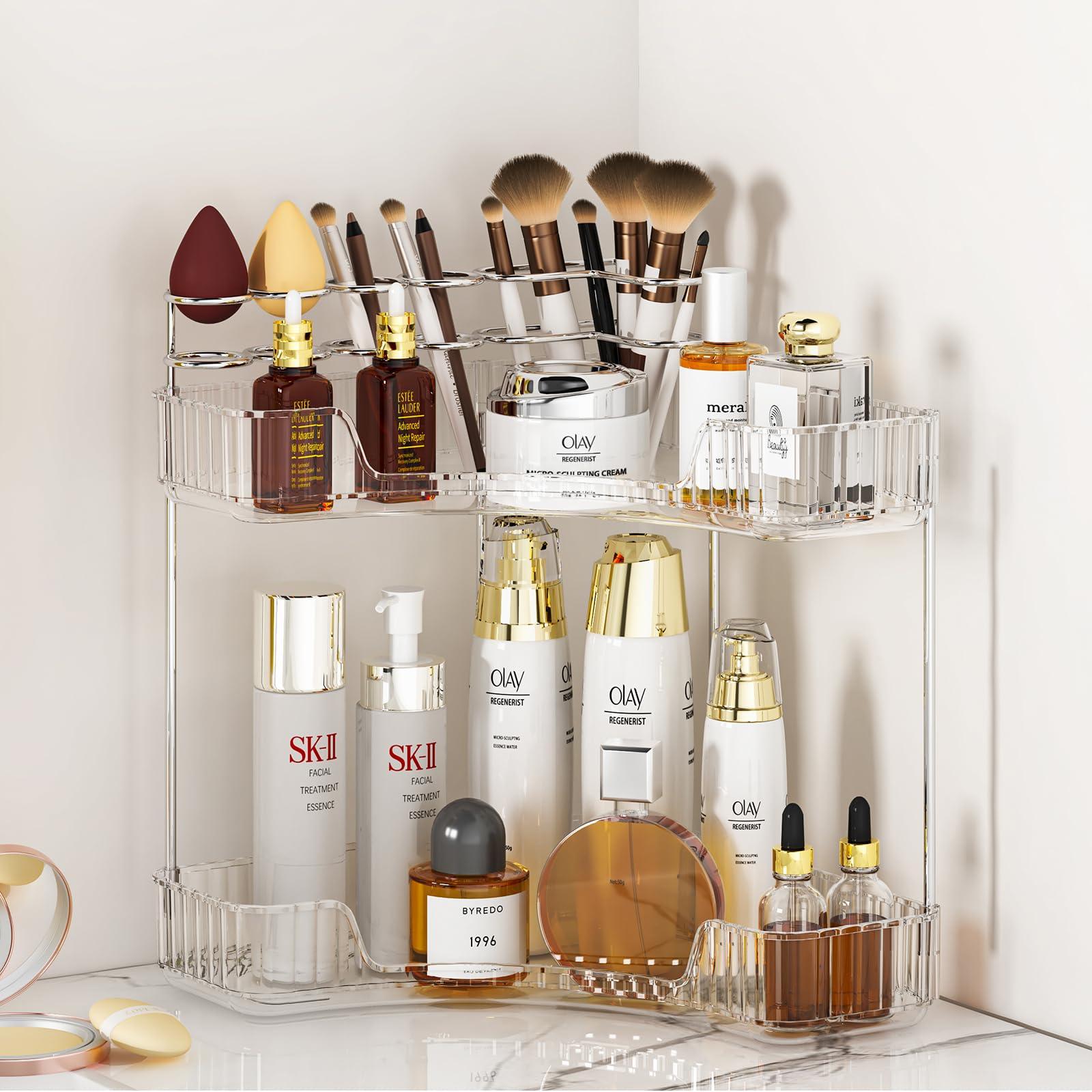 Sunzos Bathroom Counter Organizer, 2-Tier Corner Bathroom Organizer Countertop With Makeup Brush Holder, Vanity Makeup Cosmetic