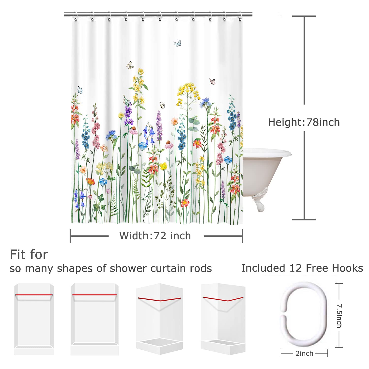 Livilan Floral Shower Curtain For Bathroom Flower Shower Curtain Watercolor Shower Curtain Colorful Butterfly Flowered Plant Wil