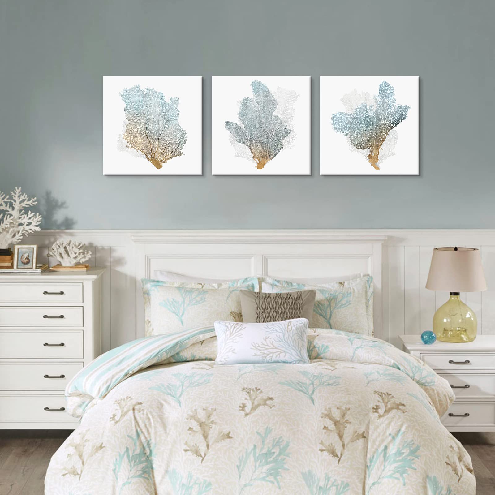 JAPO ART 3 piece Delicate Coral Wall Decor for Bedroom Coastal Wall Art Home Decor Framed Sea Fan Pictures Nautical Prints Artwork for Wall Art sets of 3 for bathroom 16 x 16 inch x 3 pcs