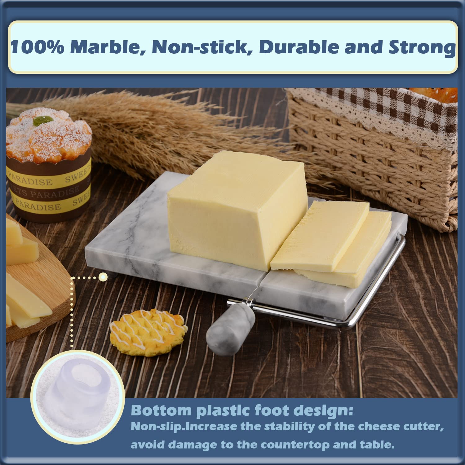 Siparui Cheese Slicer, Cheese Cutter Heavy Duty 5'' X 8'', Polished Marble Cheese Slicer Board For Cut Block Cheeses, Butter, Me