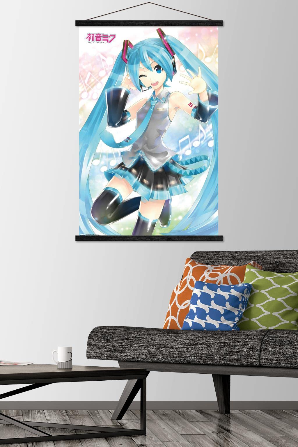 Trends International Hatsune Miku - Waving Wall Poster, 22.375'' X 34'', Premium Print And Black Hanger Bundle