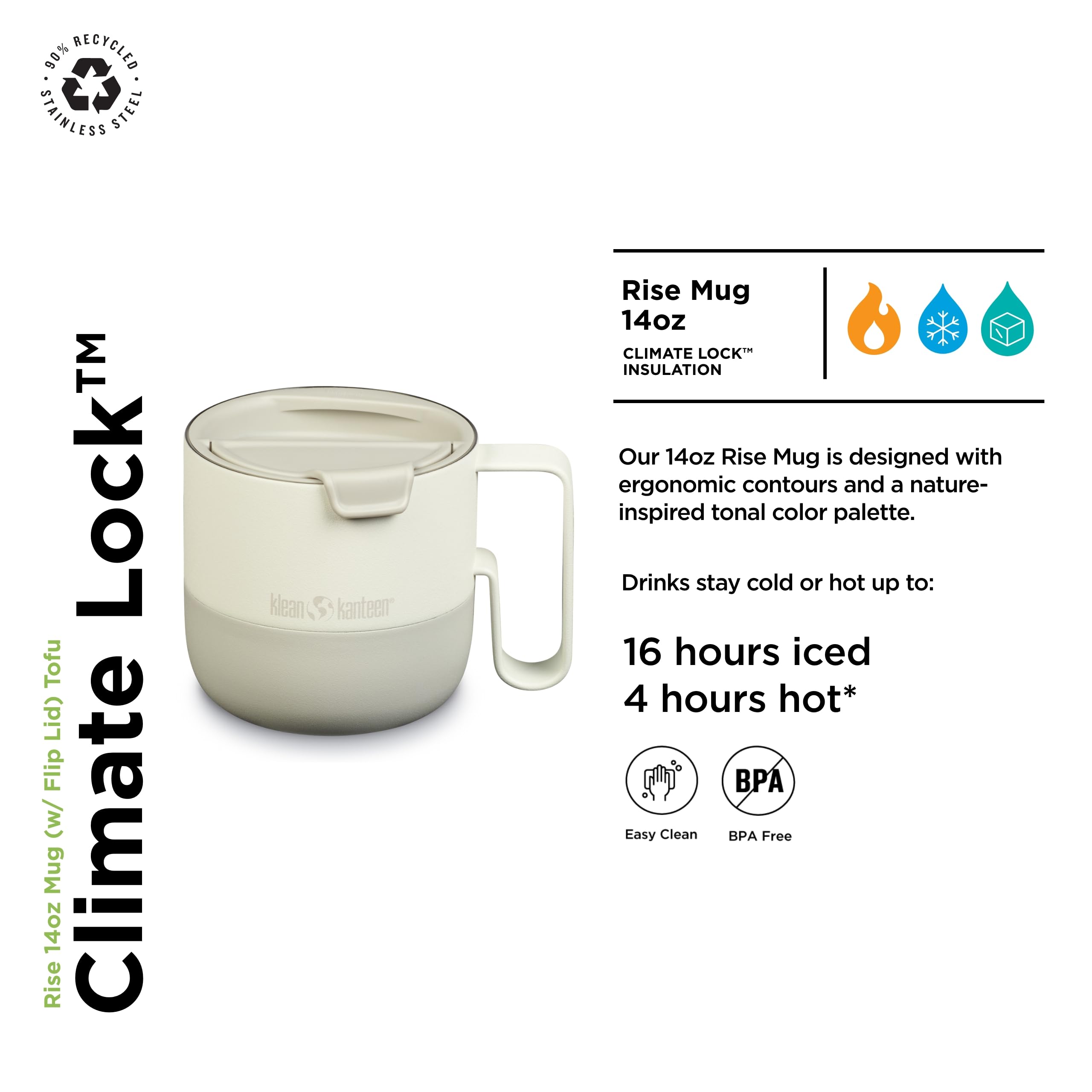 Klean Kanteen Rise 14Oz Mug - Stainless Steel With Flip Lid - Tofu