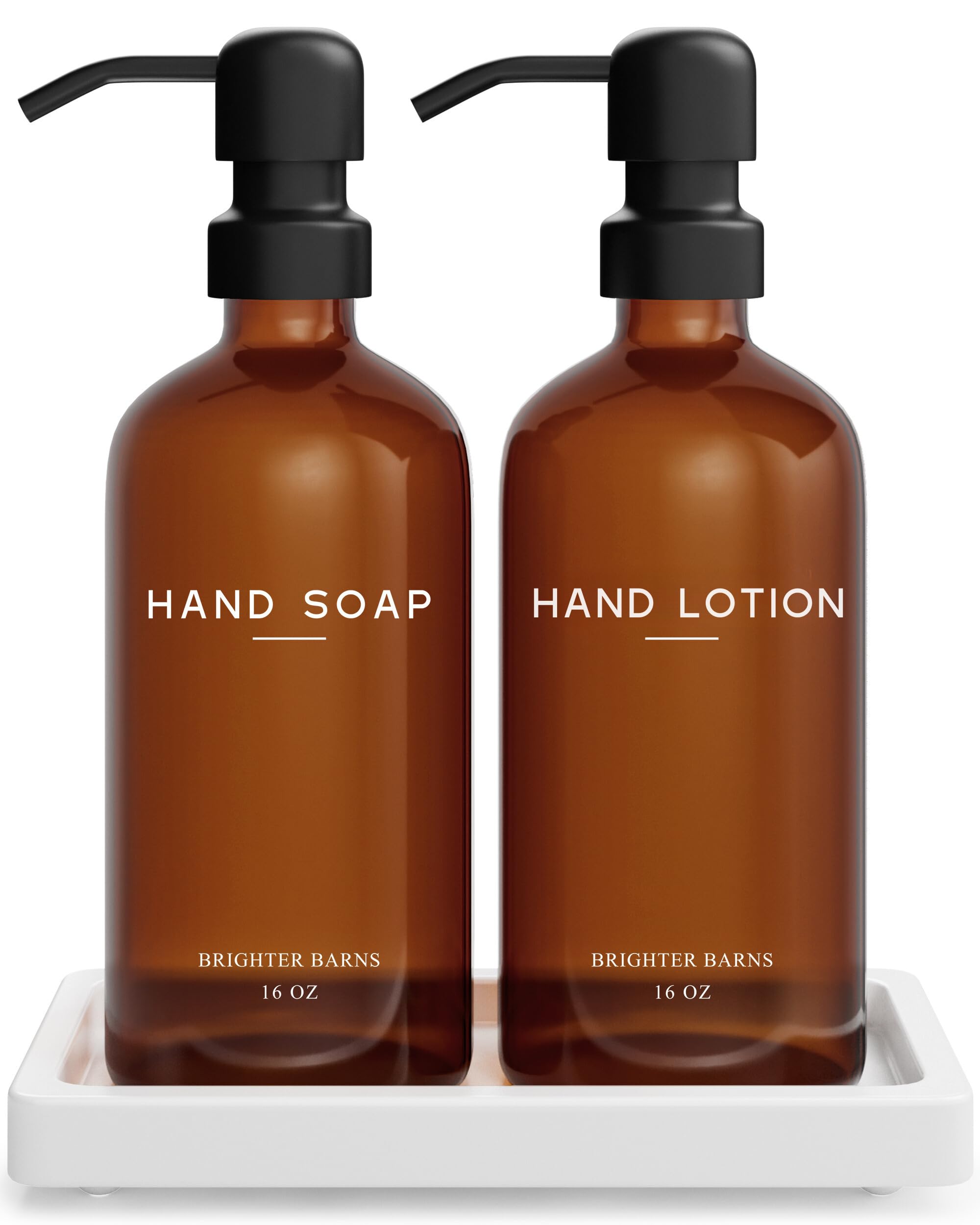 Amber Glass Soap And Lotion Dispenser Set With Tray By Brighter Barns - Hand Soap Dispenser Bathroom Set & Stainless Steel Pump