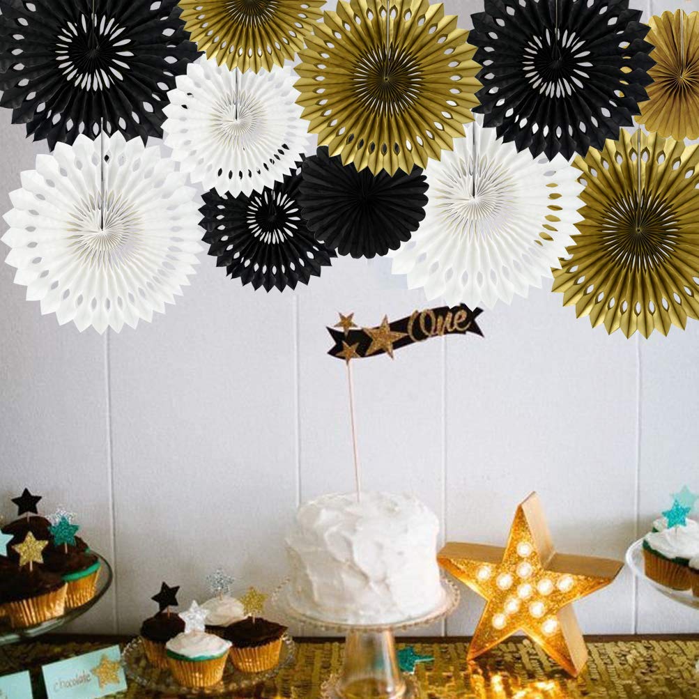 BEISHIDA Black Gold White Hanging Honeycomb Round Paper Fans Decoration Set for New Year Baby Shower Birthday Wedding Bachelorette Photo Booth Backdrops Anniversary Paper Party Supplies(11packs)