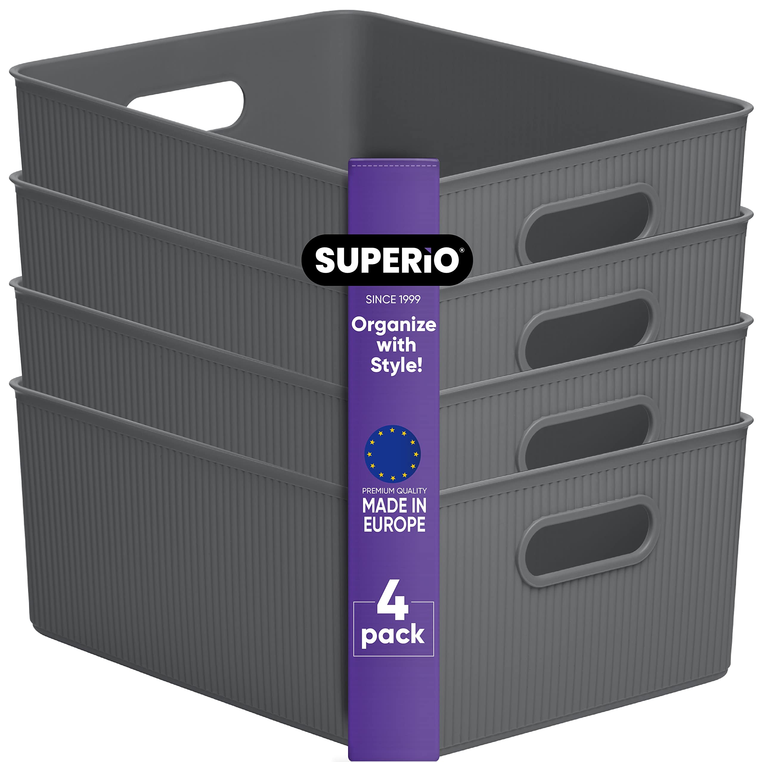 Superio Ribbed Collection - Decorative Plastic Open Home Storage Bins Organizer Baskets, Large Grey (4 Pack) Container Boxes For