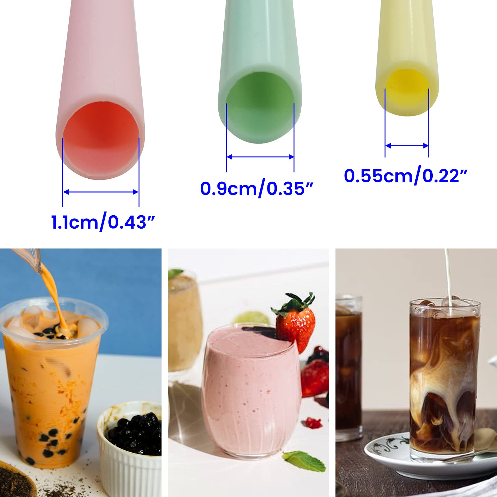 Daily Treasures 14Pcs Silicone Drinking Straws, 3 Sizes Reusable Silicone Straws Straight With 2 Bags & 2 Brushes-Reusable Boba