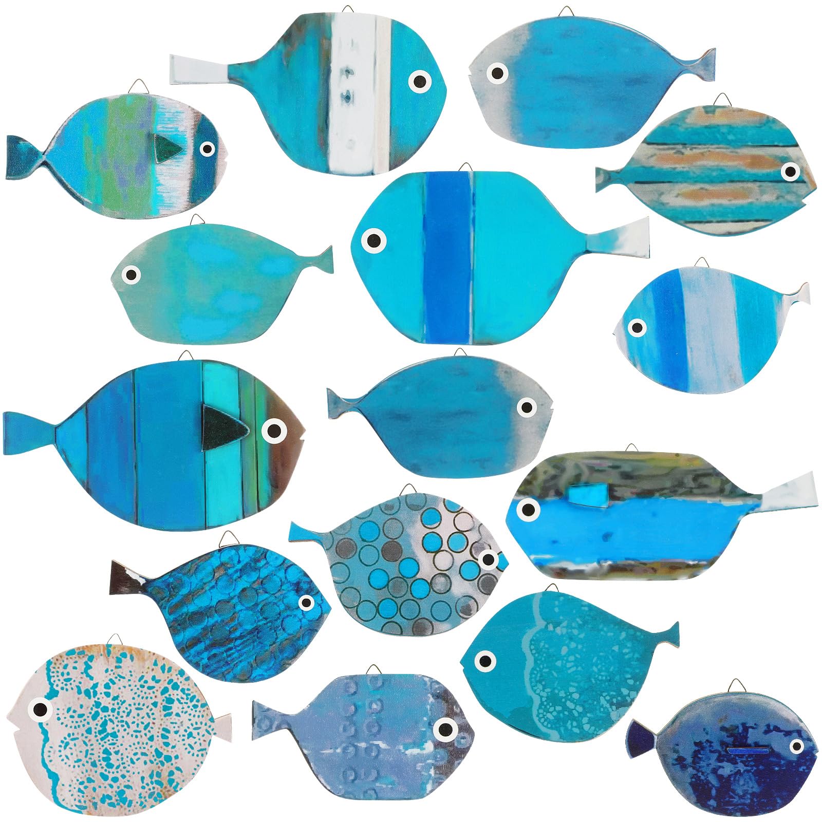Spiareal 15 Pcs Wood Fish Nautical Wall Decor Wooden School of Fish Wall Art Rustic Hanging Beach Decor Ocean Coastal Theme Vint