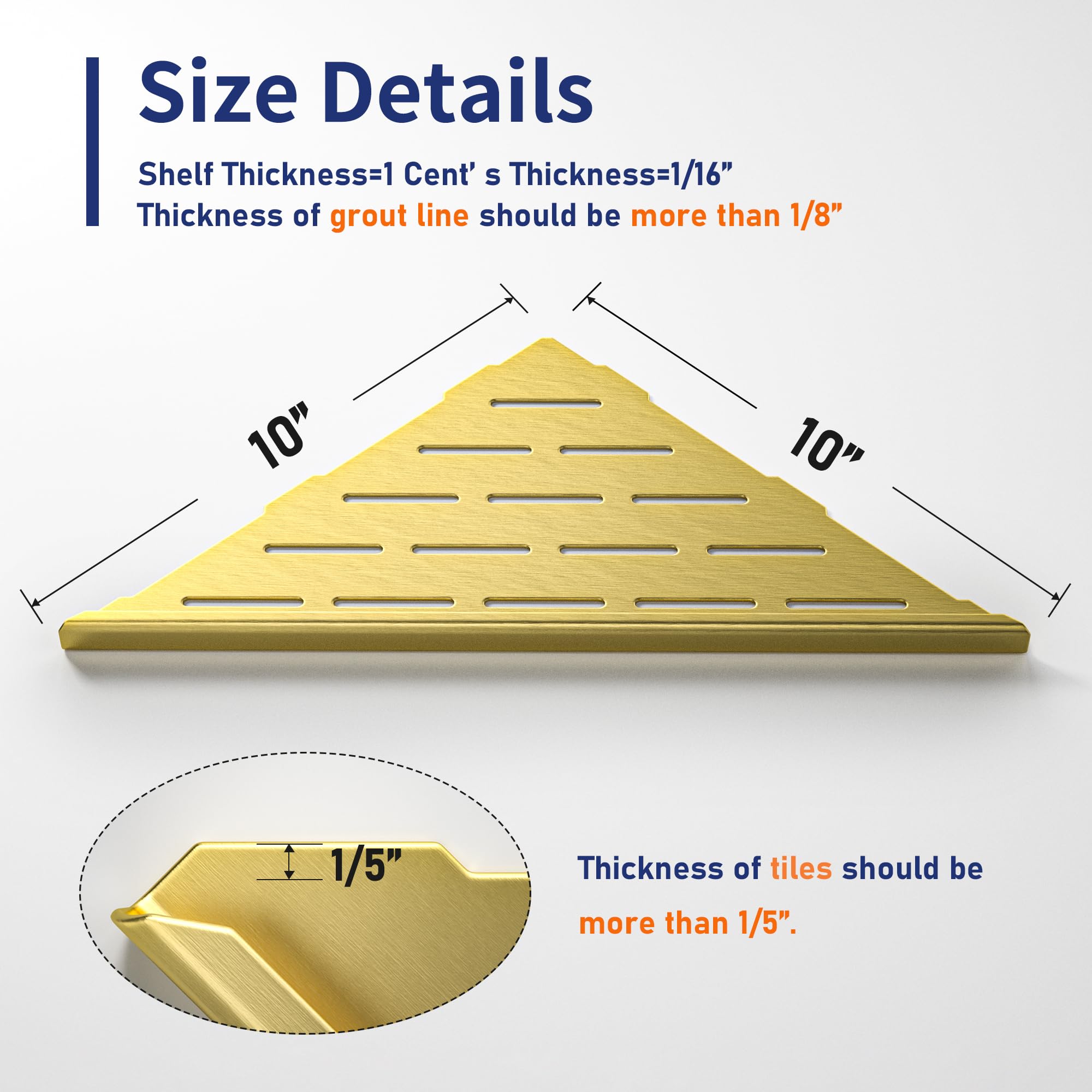 Bernkot Corner Shower Shelf, 304 Stainless Steel Bathroom Shelf For Tiled Wall, Grout In Shelves (Gold, 10''-2 Pack)