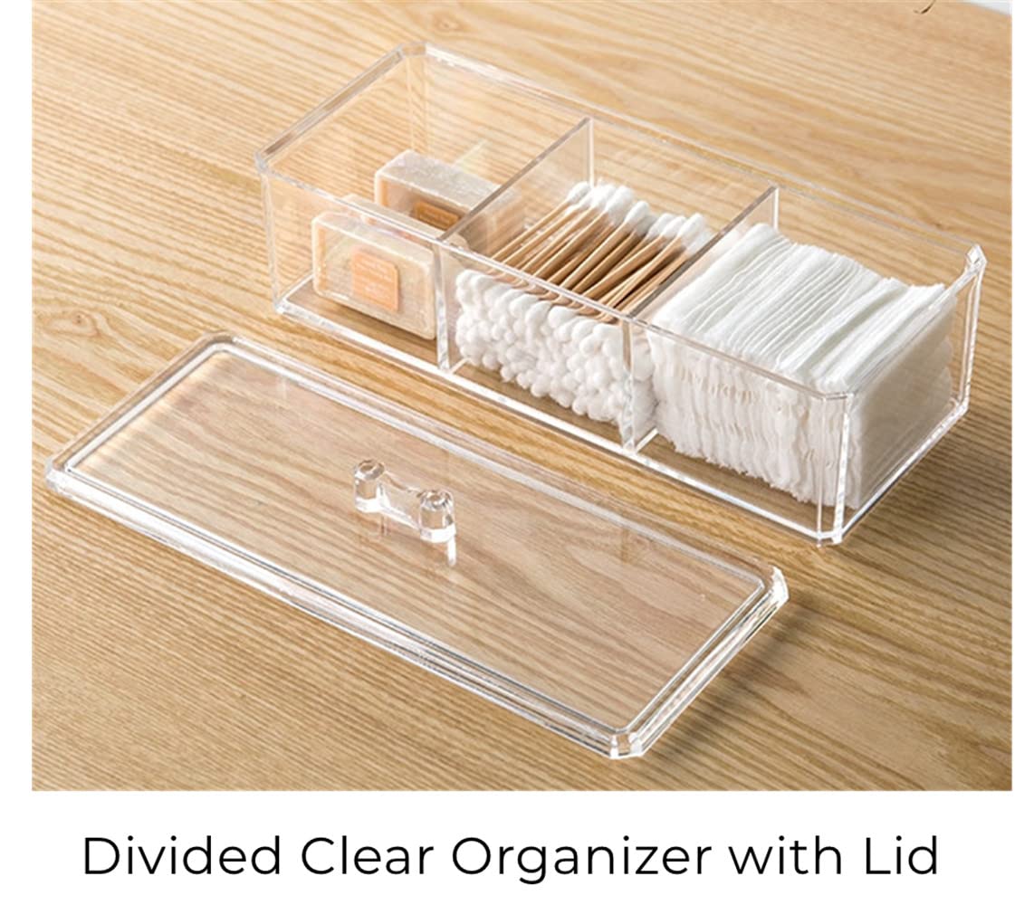 Utth-Dttk Clear Cotton Ball And Swab Holder 3 Divided Compartments With Lid, , Waterproof Bathroom Organizers Small Plastic Stor
