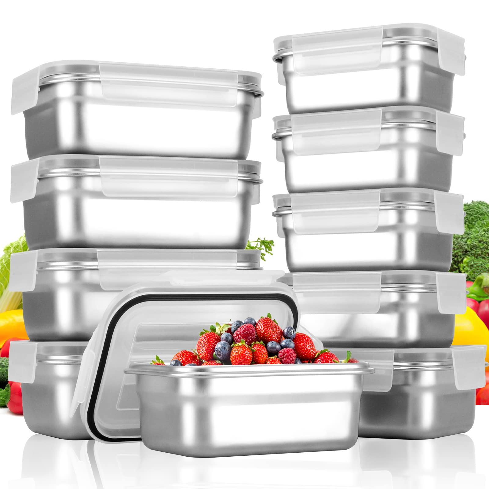 Cykorxicc 10 Pc Square 304 Stainless Steel Food Containers With Lids, Airtight Bento Lunch Box, Metal Meal Prep Food Containers