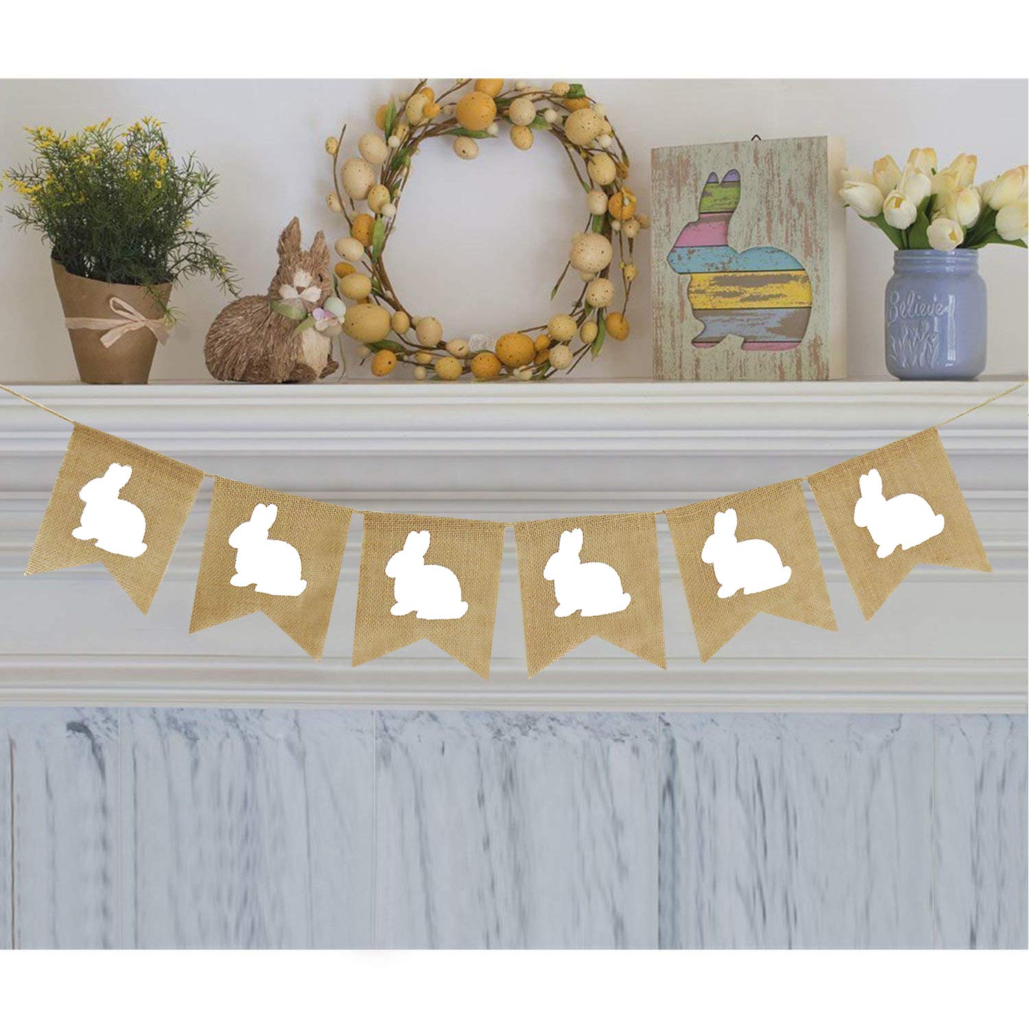 Partyprops Easter Burlap Bunny Garland | Burlap Rabbit Garland Banner | Easter Decorations | Rustic White Bunny Garland For Mant