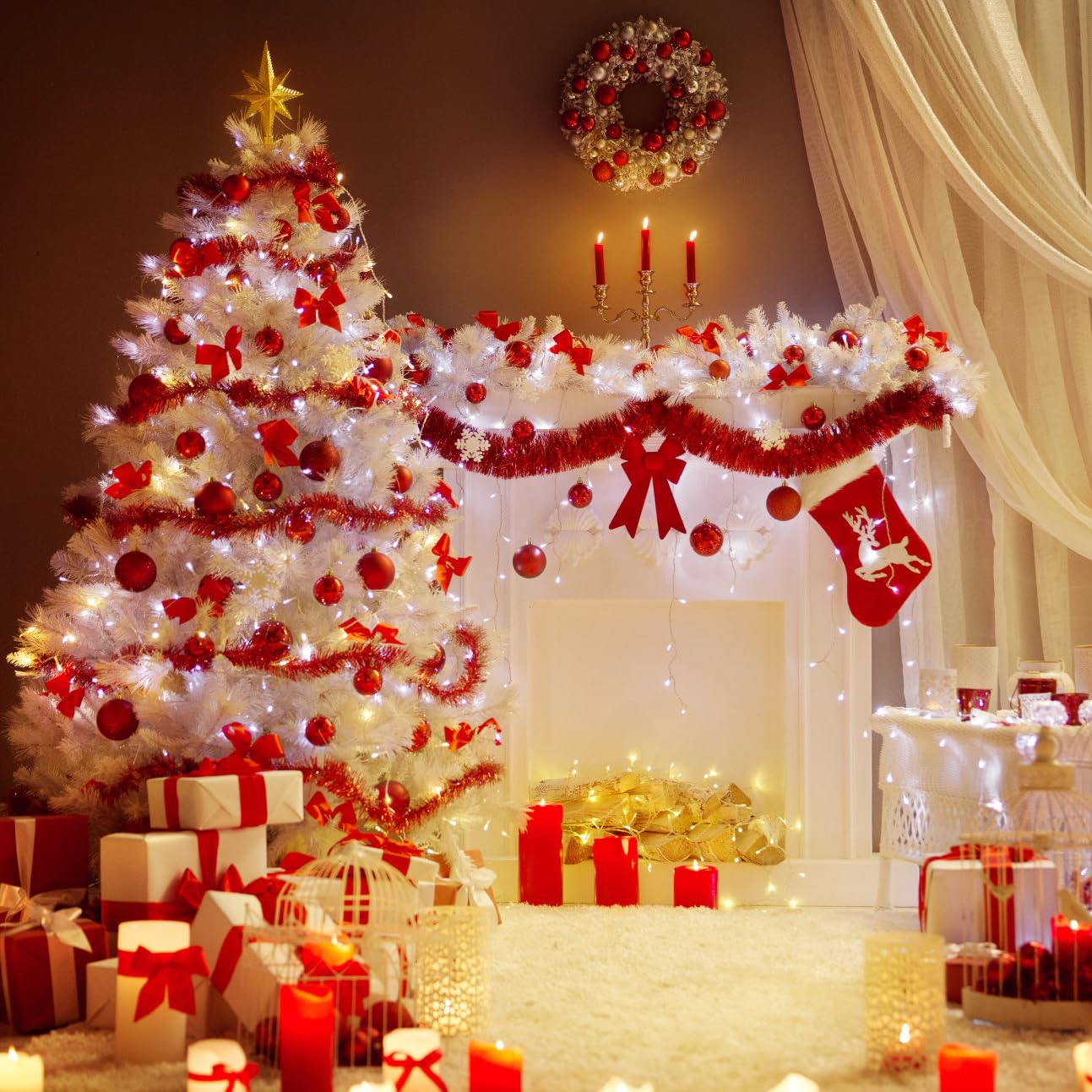 6ft White Christmas Tree, Xmas Tree Artificial Christmas White Trees with 1005 Branch Tips and Decorations(1pcs Top Star, 2set 2