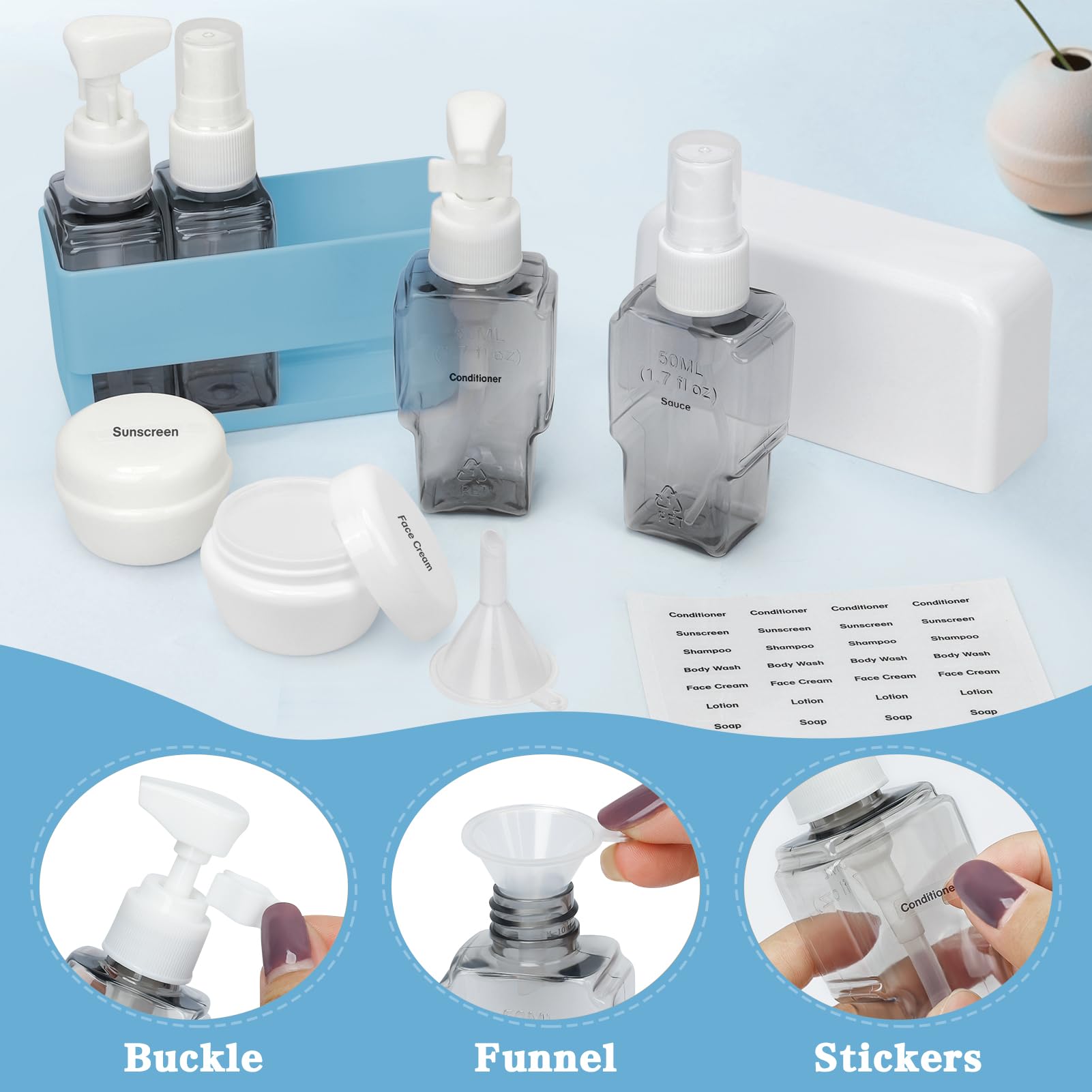 Skycase Travel Toiletries Containers - Tsa Approved Travel Bottles Refillable Shampoo Perfume - Travel Size Essentials, Airplane