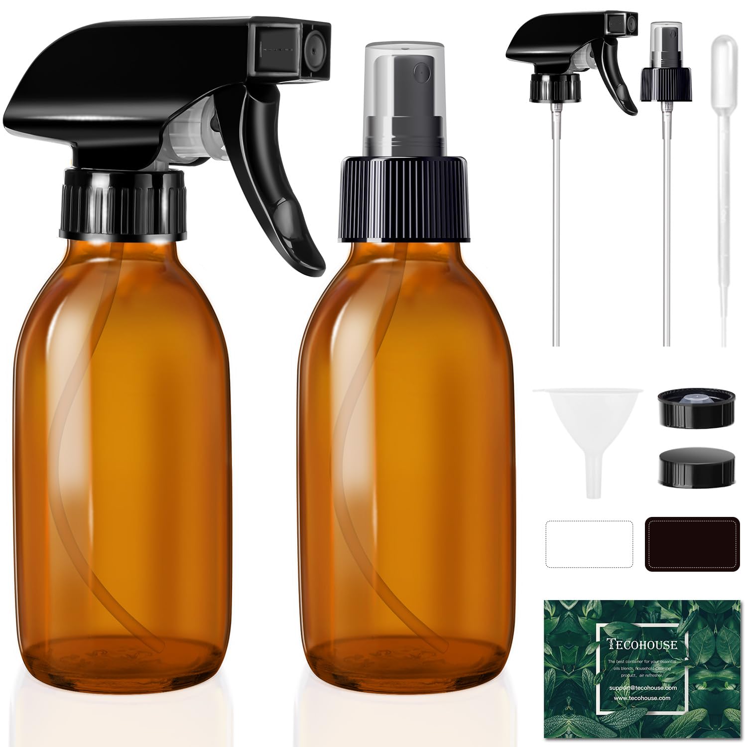 Tecohouse Glass Spray Bottles 4 OZ  Amber Empty Spray Bottle for Essential Oils  Small Glass Bottles for Cleaning Solutions  Plants  with Durable Nozzle  Labels  Funnel  Pipettes