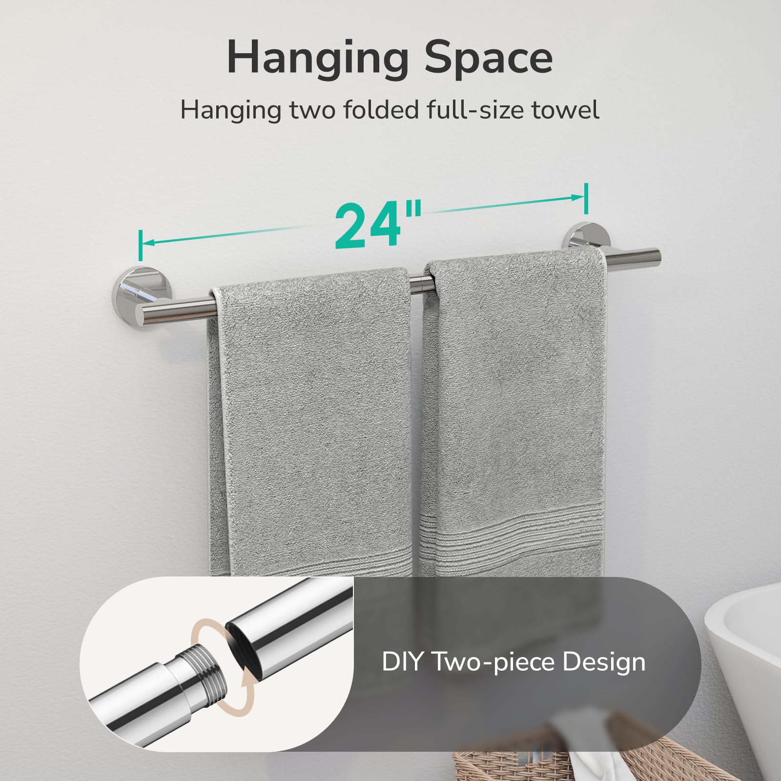 USHOWER Polished Chrome Towel Bar  24-Inch Towel Racks for Bathroom Wall-Mounted  SUS304 Stainless Steel Towel Rod Modern Home Decor (Total Length 27-Inch)