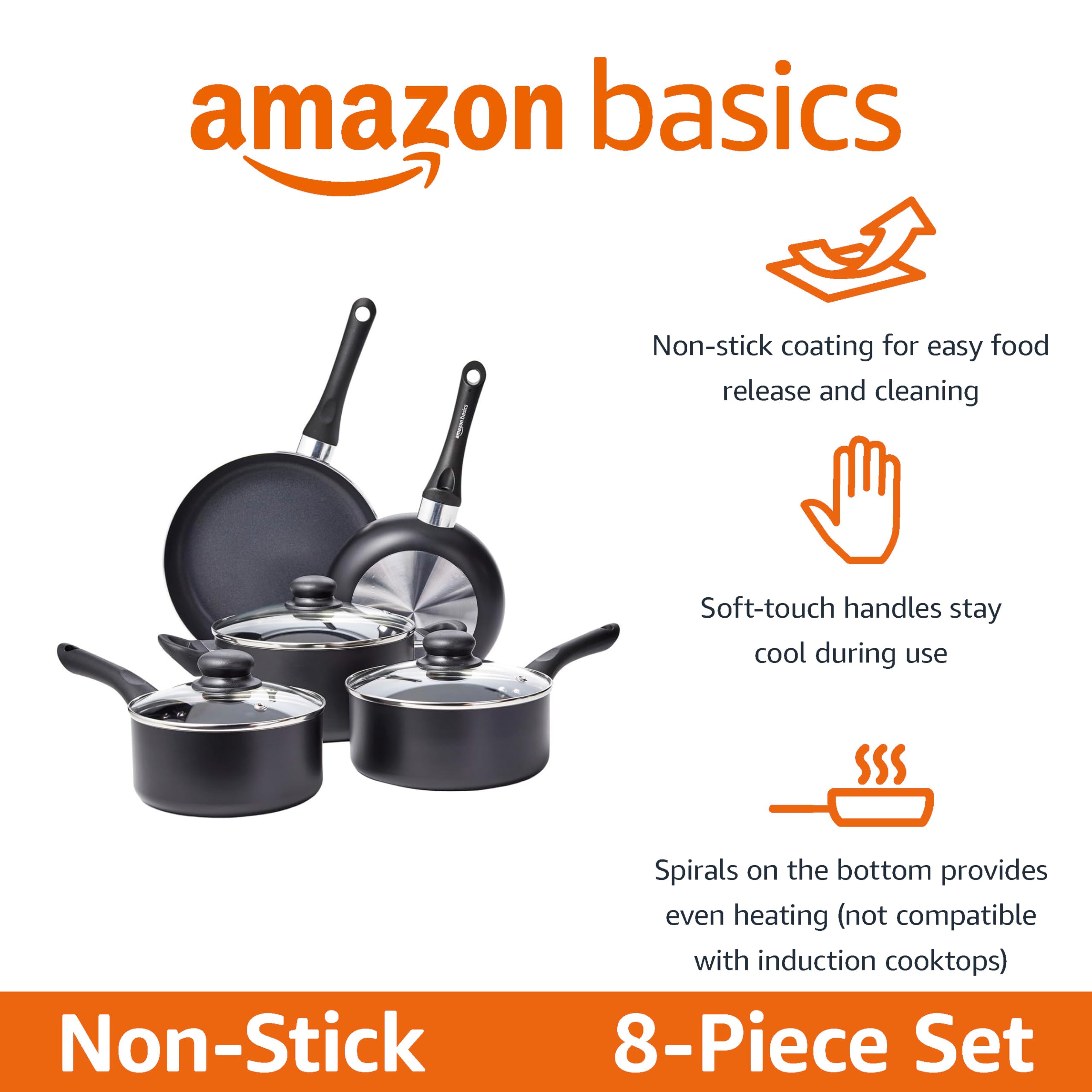 Amazon Basics Non-Stick Cookware 8-Piece Set, Pots and Pans, Black