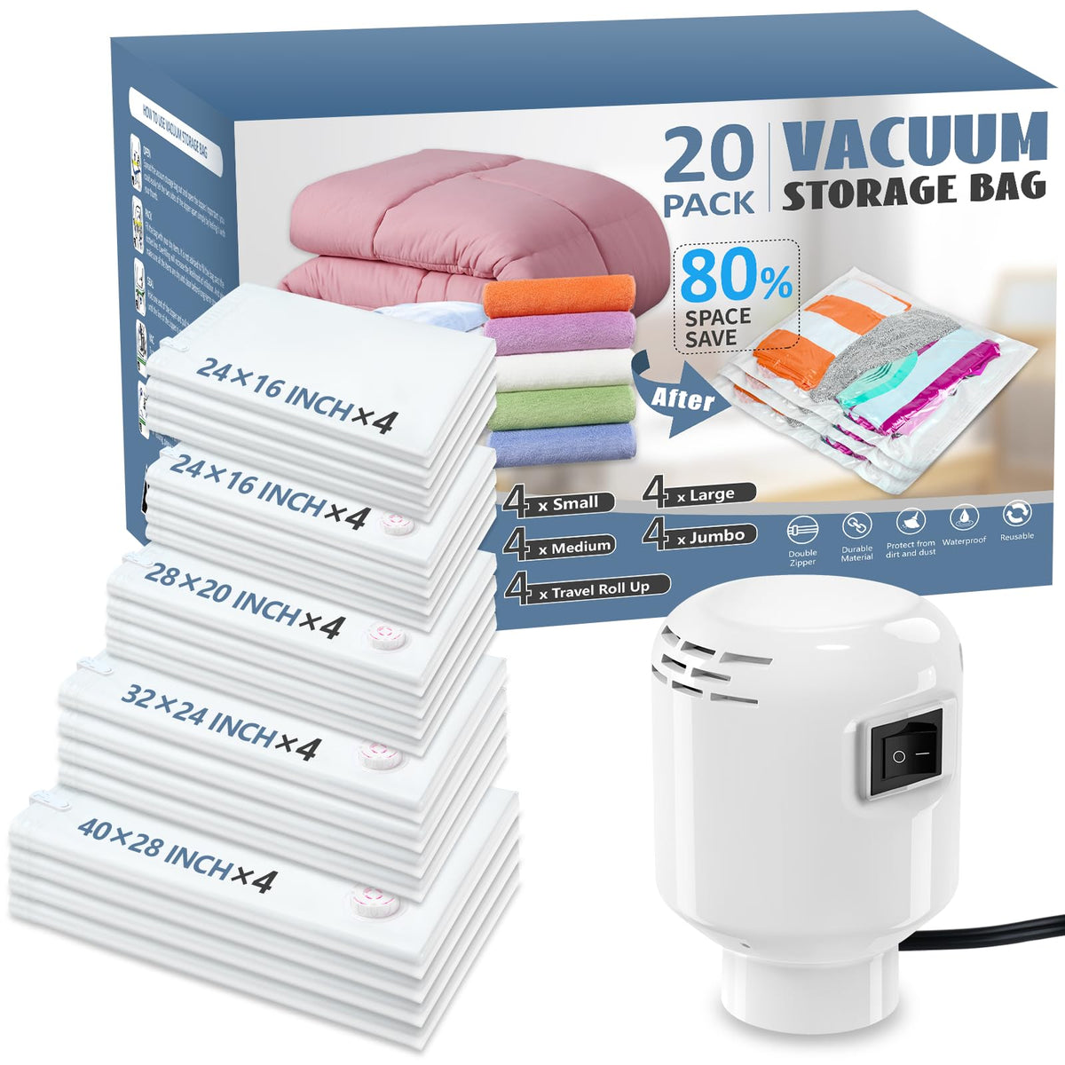 Zxa Vacuum Storage Bags With Electric Air Pump, 20 Pack (4 Jumbo, 4 Large, 4 Medium, 4 Small, 4 Roll Up Bags) Vacuum Seal Bags F
