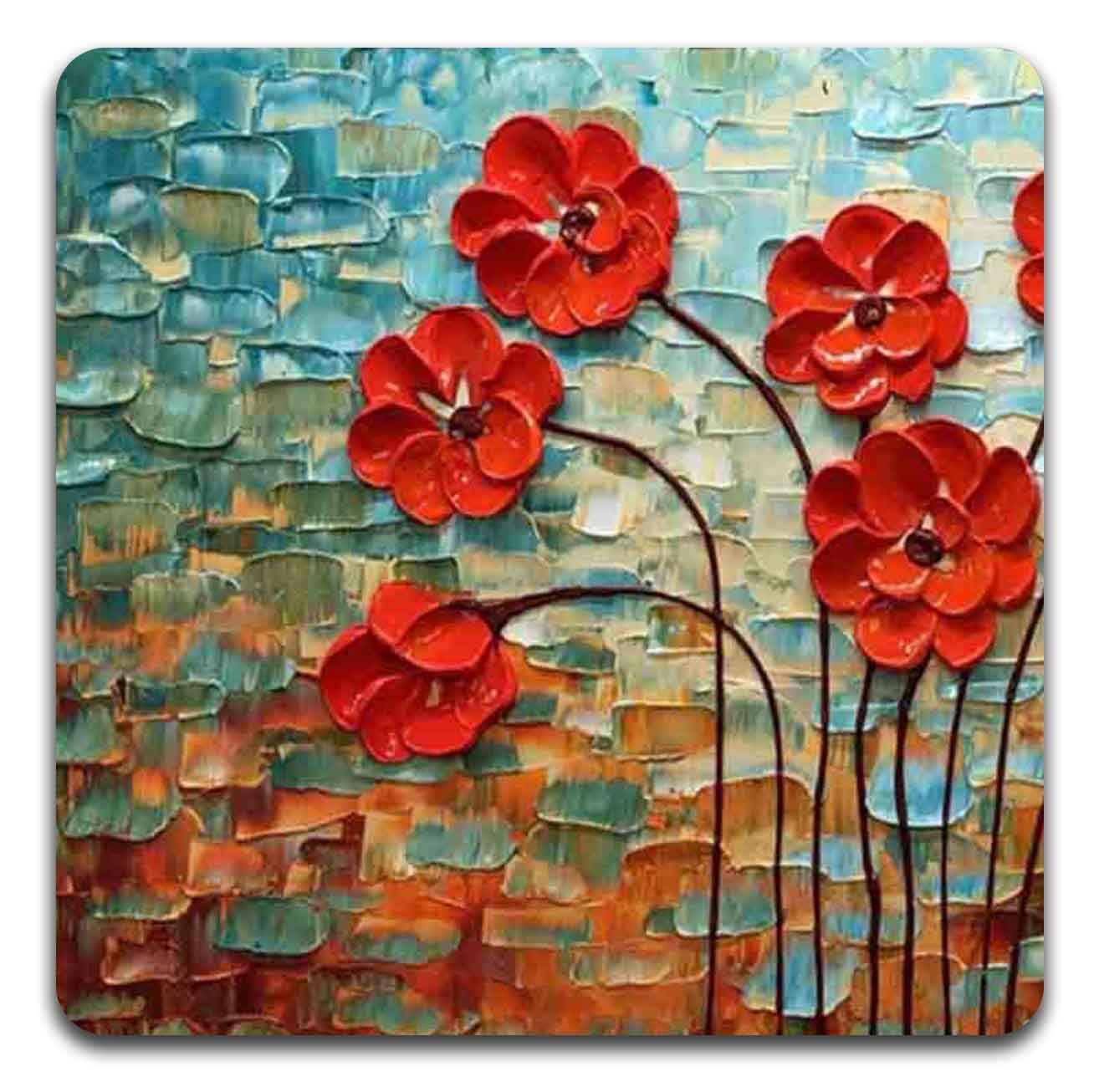 Red Oil Painting Square Coaster Set - Made Of Recycled Rubber - Set Of 4