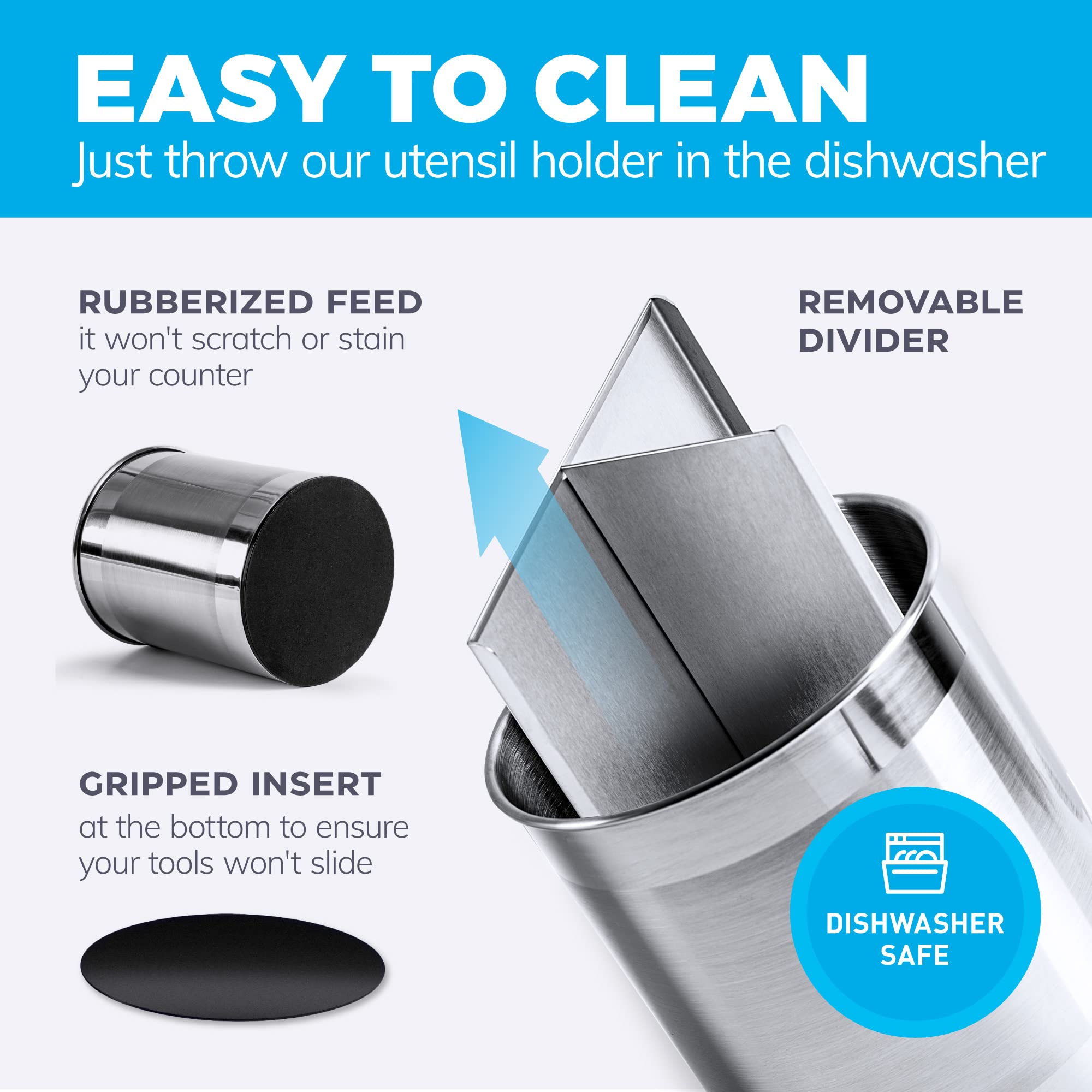 Cooler Kitchen Rotating Extra Large Stainless Steel Utensil Holder Caddy With Sturdy No-Tip Weighted Base, Removable Divider, An