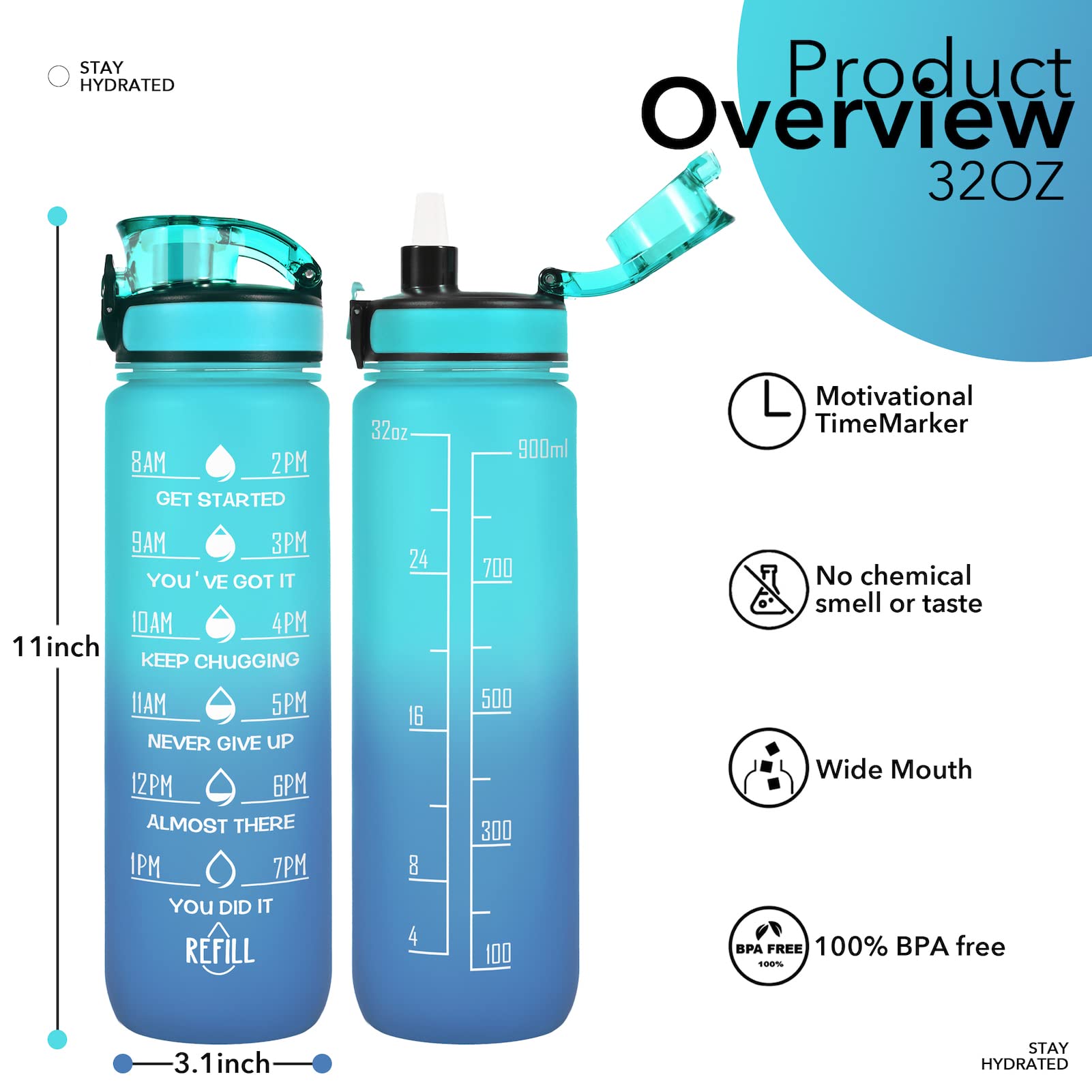 32 Oz Water Bottles With Straw & Strap, Motivational Water Bottles With Times To Drink, Bpa Free Reusable Sports Water Bottle Wi