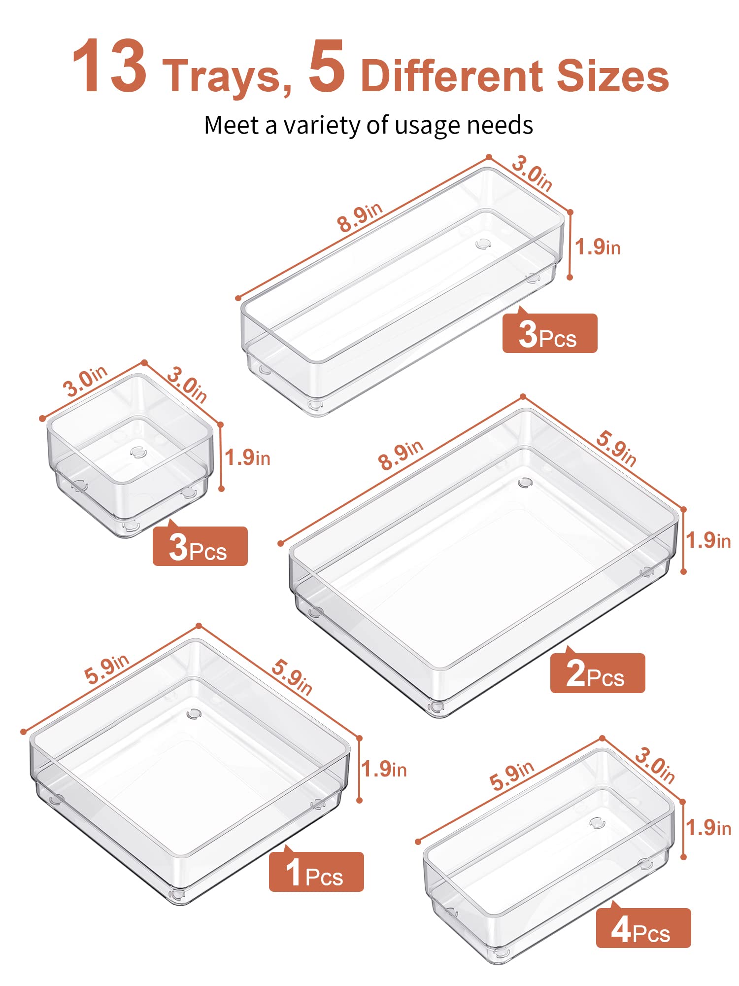 SMARTAKE 13-Piece Drawer Organizer with Non-Slip Silicone Pads, 5-Size Desk Drawer Organizer Trays Storage Tray for Makeup, Jewe