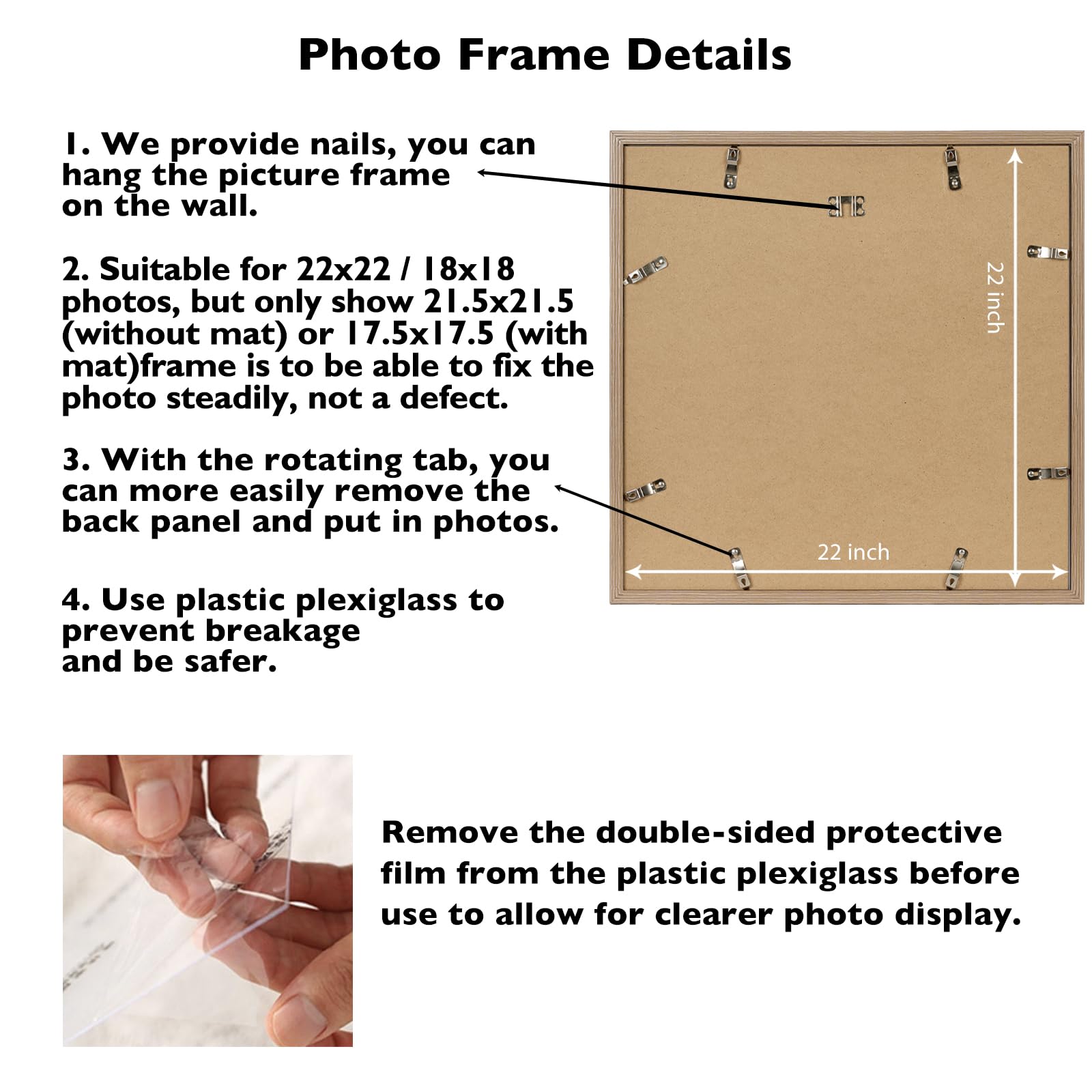 JCJMY 22x22 Picture Frame Rustic Brown with 18x18 Mat, Display Photo 18x18 with Mat or 22 x 22 Without Mat, Wall Hanging Large 2