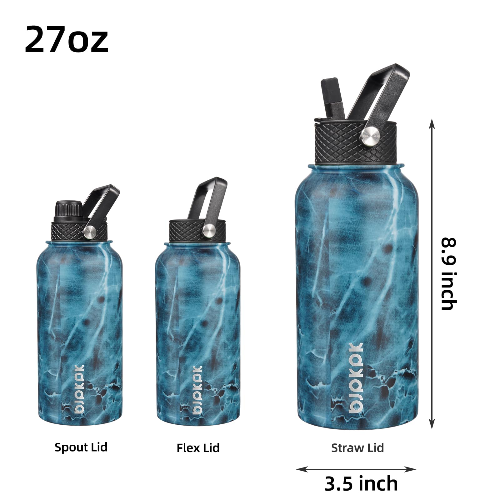 Bjpkpk Insulated Water Bottles With Straw Lid, 27Oz Stainless Steel Water Bottle With 3 Lids, Leak Proof Bpa Free Metal Thermos