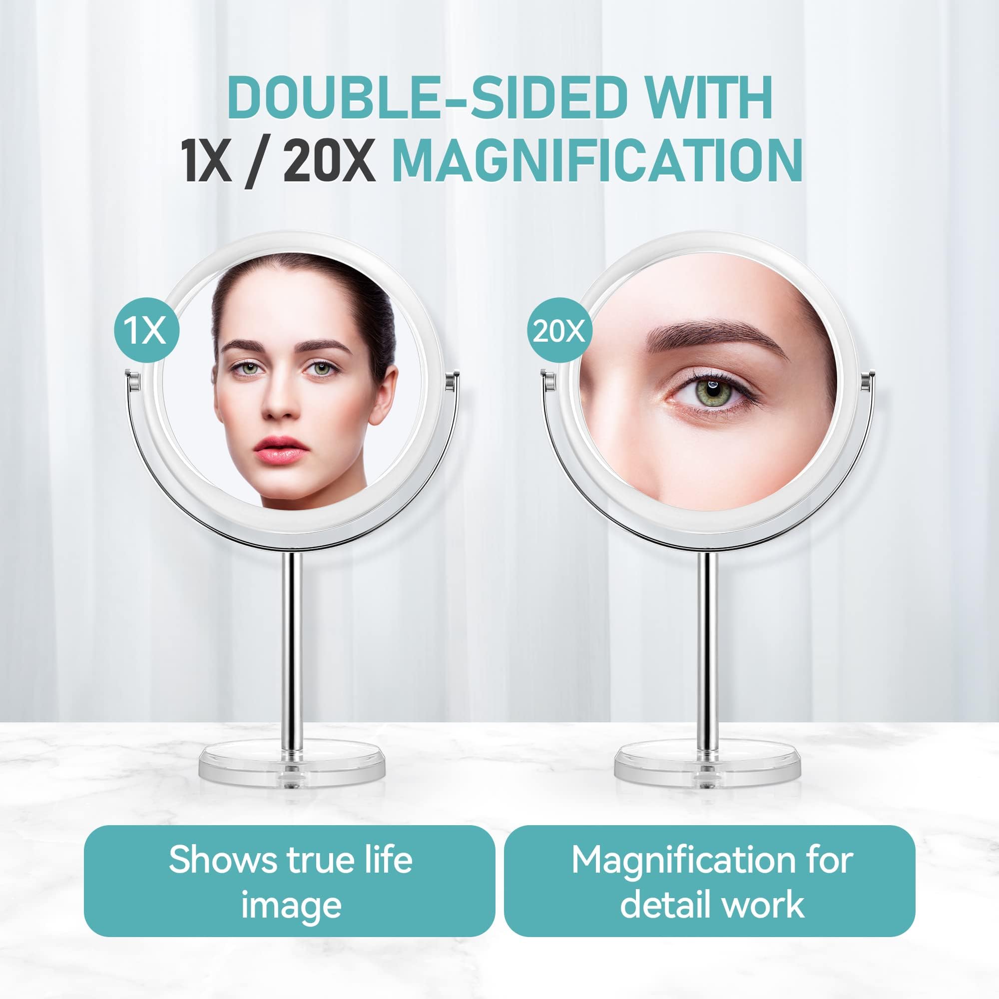 Miyadiva 20X Magnifying Makeup Mirror,Double Sided 1X & 20X Magnifying Mirror With Stand,Tabletop Magnified Vanity Mirror With 3
