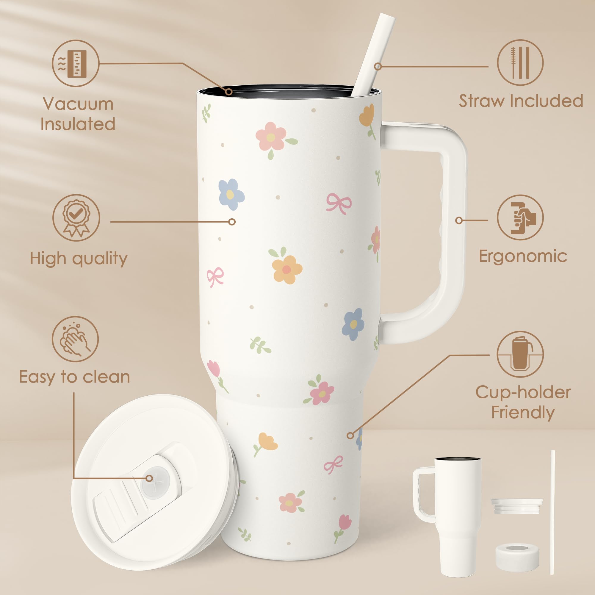 SANDJEST Floral 40oz Slider Tumbler with Handle and Straw - Insulated Stainless Steel Travel Coffee Mug for Women Girls, Gift fo