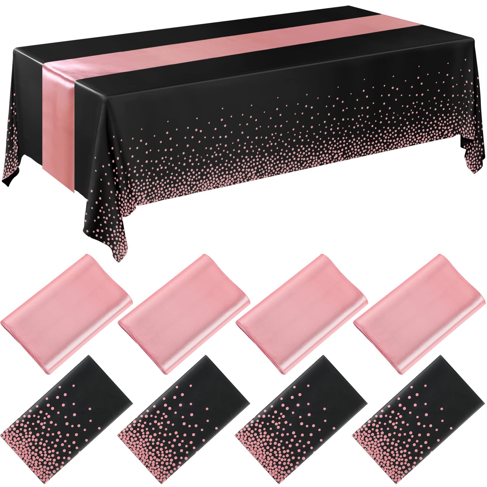 Breling 8 Pack Black and Rose Gold Disposable Plastic Tablecloths and Satin Table Runner Set, 54 x 108 Inch Tablecloth, 12 x 108