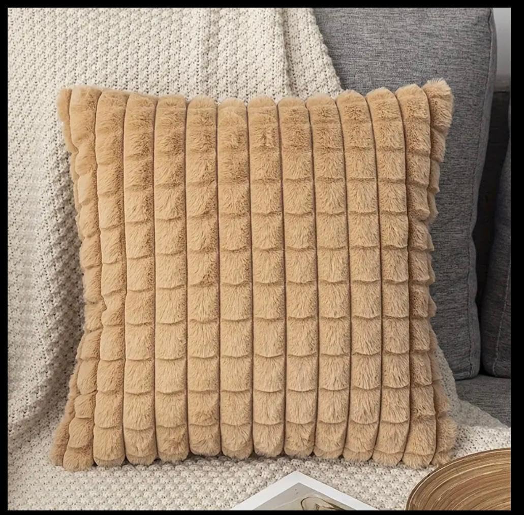 Monkdecor (O.F) Gold Faux Fur Cozy Soft Plaid Decorative Throw Pillow Covers 16X16 Inch Set Of 2,Velvet Pillowcase Cushion Case 