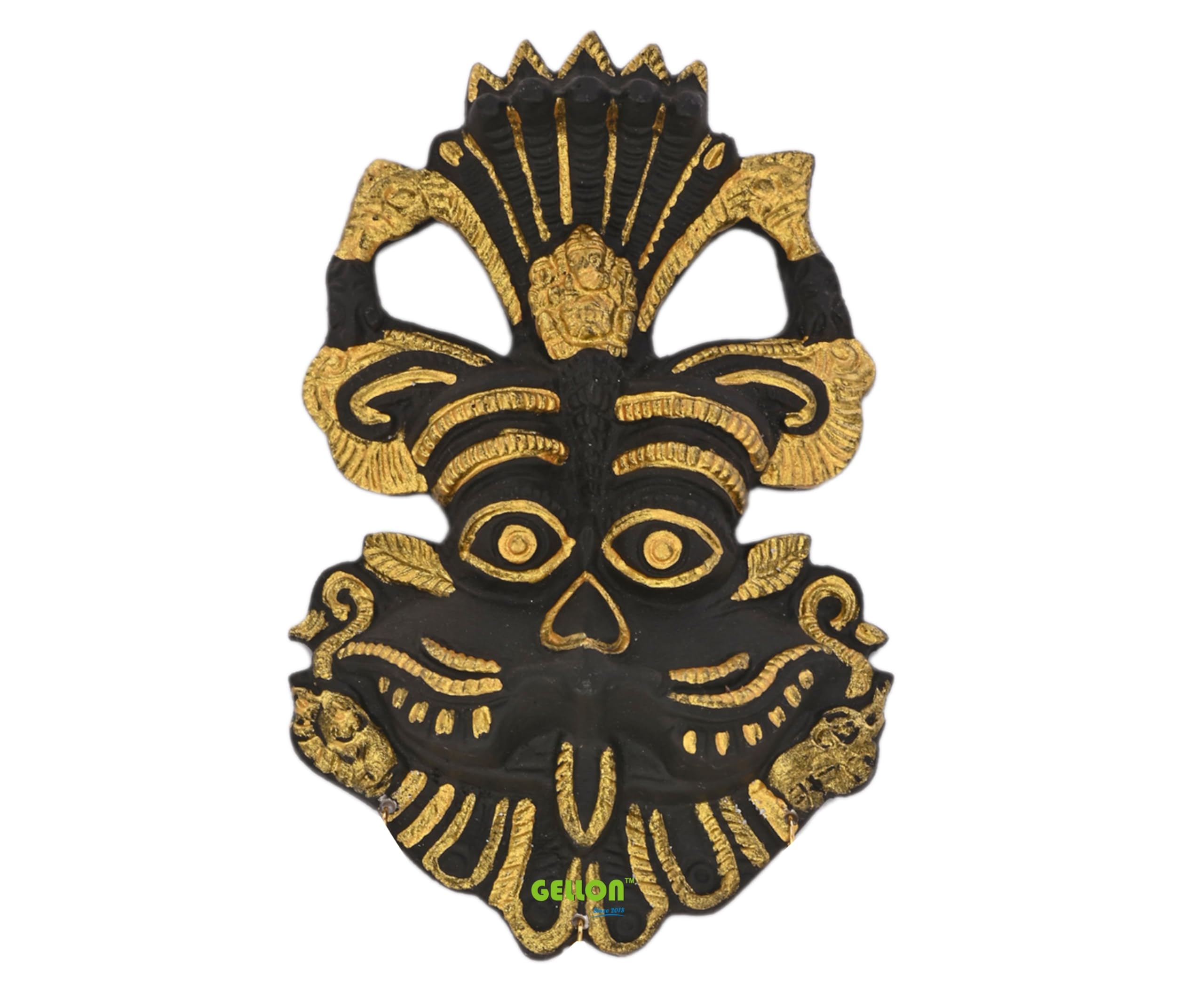 Gellon Kirtimukha In Matte Black Finish With Golden Latkan For Home Door In Metal, Wall Hanging For Home Decor, Nazar Battu For