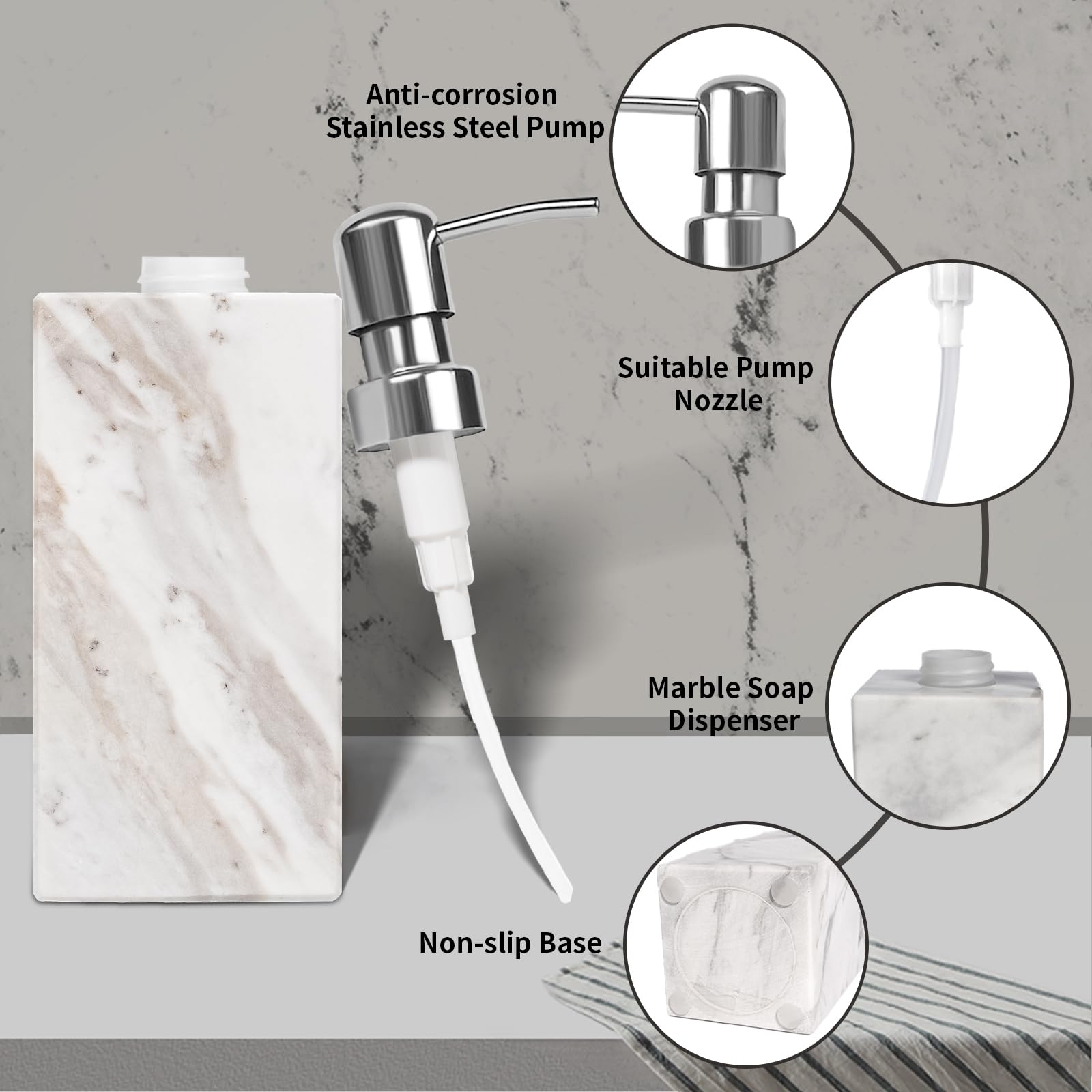Amaauto Marble Soap Dispenser, White Hand Soap Dispenser Bathroom With Stainless Steel Pump For Bathroom Countertop - Lotion And