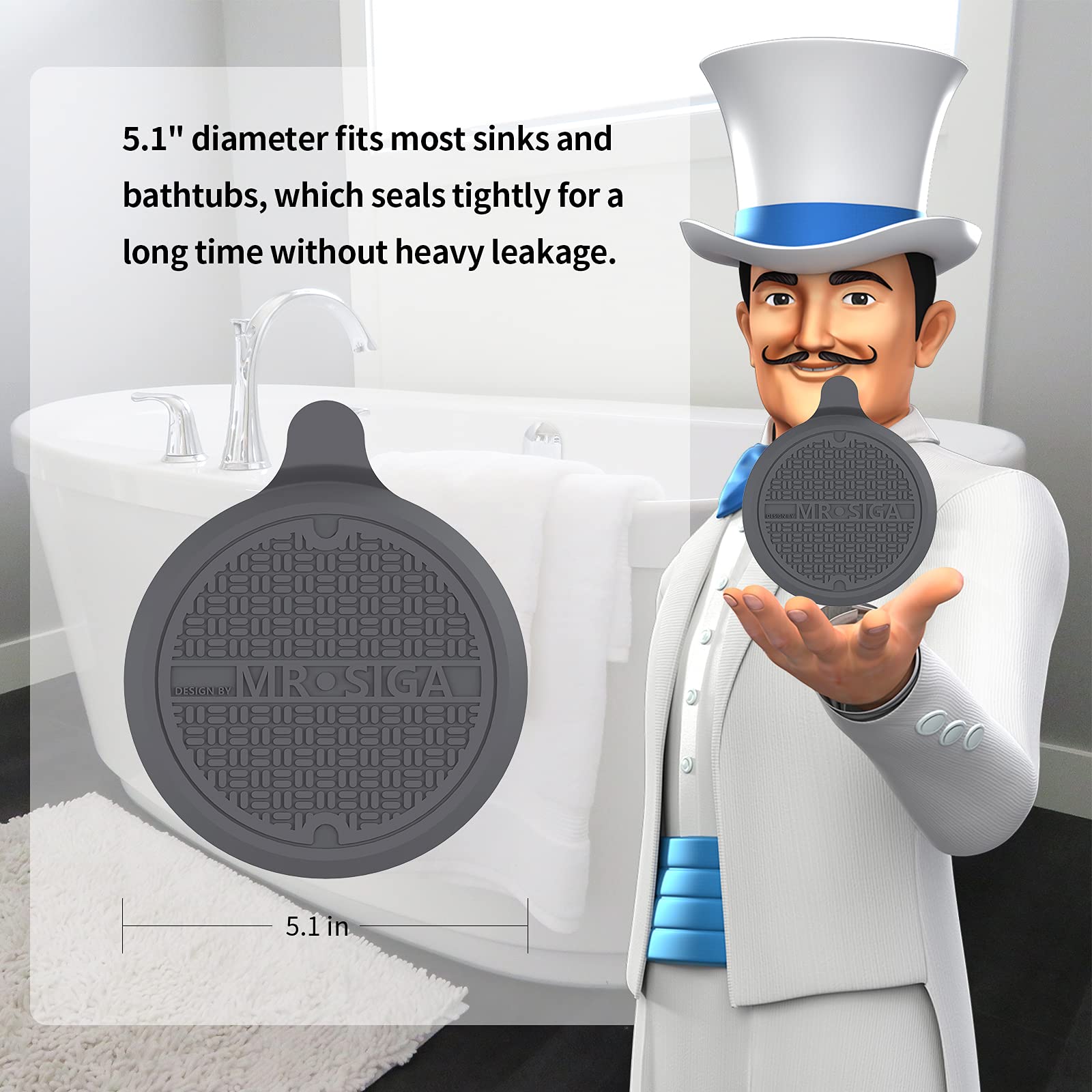 Mr.Siga Silicone Bathtub Stopper, Drain Stopper For Shower, Sink, 5.1'' Diameter, Grey, 3 Pack