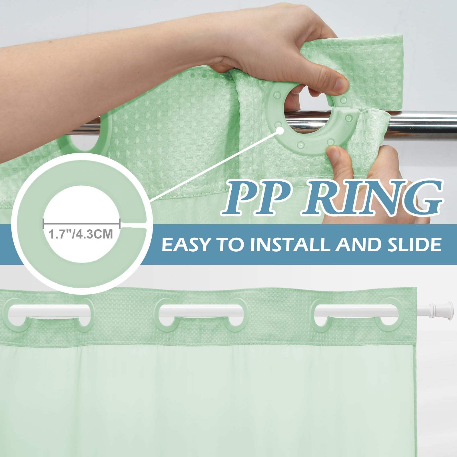 Eutxl Mint Green Long No Hook Shower Curtain With Snap In Liner,230Gsm Waffle Weave Shower Curtains For Bathroom,71W X 86H
