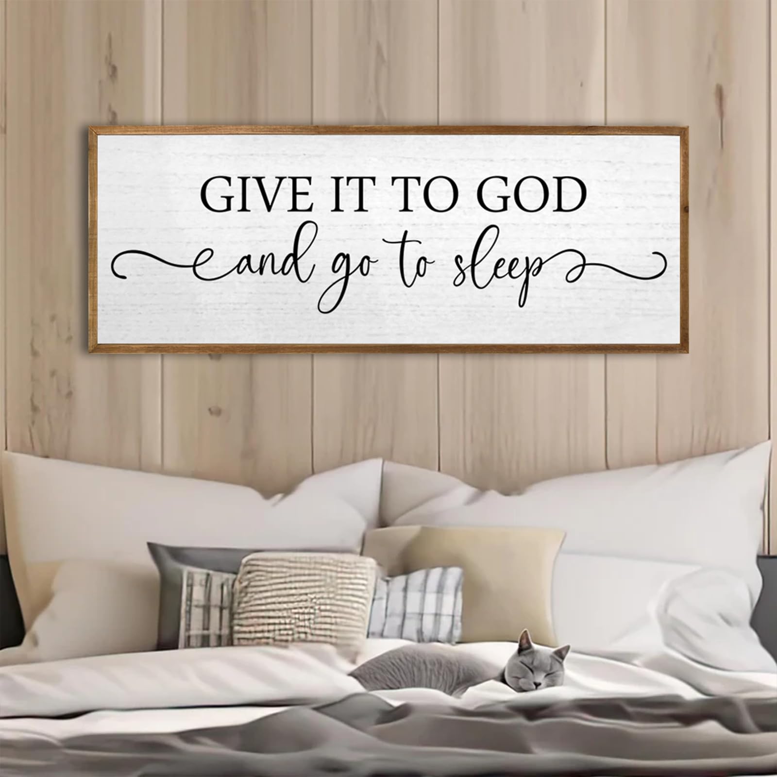 Give It To God And Go To Sleep Wall Decor Sign 24X10 Master Bedroom Above Bed Wood Framed Large Farmhouse Rustic Over Bed Wall A