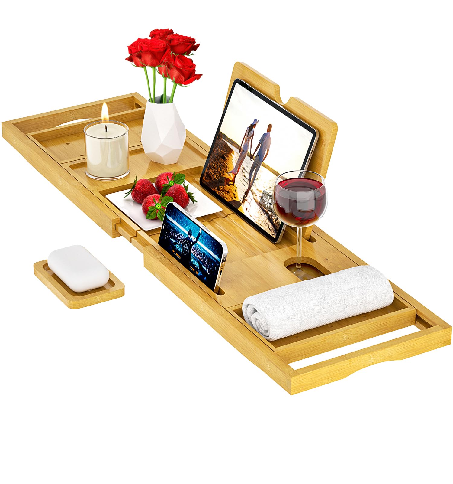 Premium Bathtub Tray Caddy - Bath Tray Bamboo Expandable - Bath Tub Tray Table For Bathtub - Expandable Size, Fits Most Bath Tub
