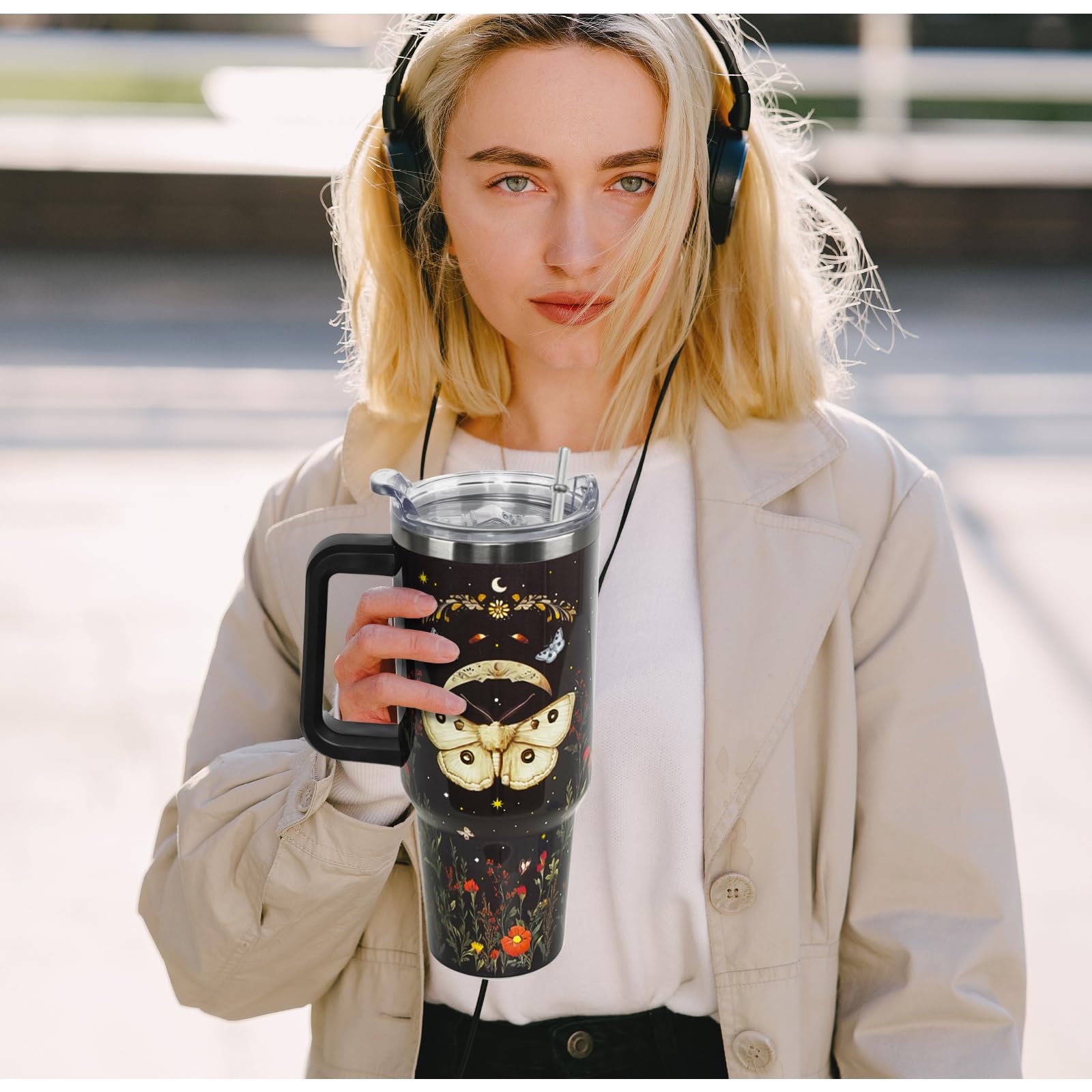 Nqhsionv Gothic Tumbler with Handle and Straw 40 oz Goth Moth Flowers Cup Coffee Travel Mug Stainless Steel Insulated Water Bott