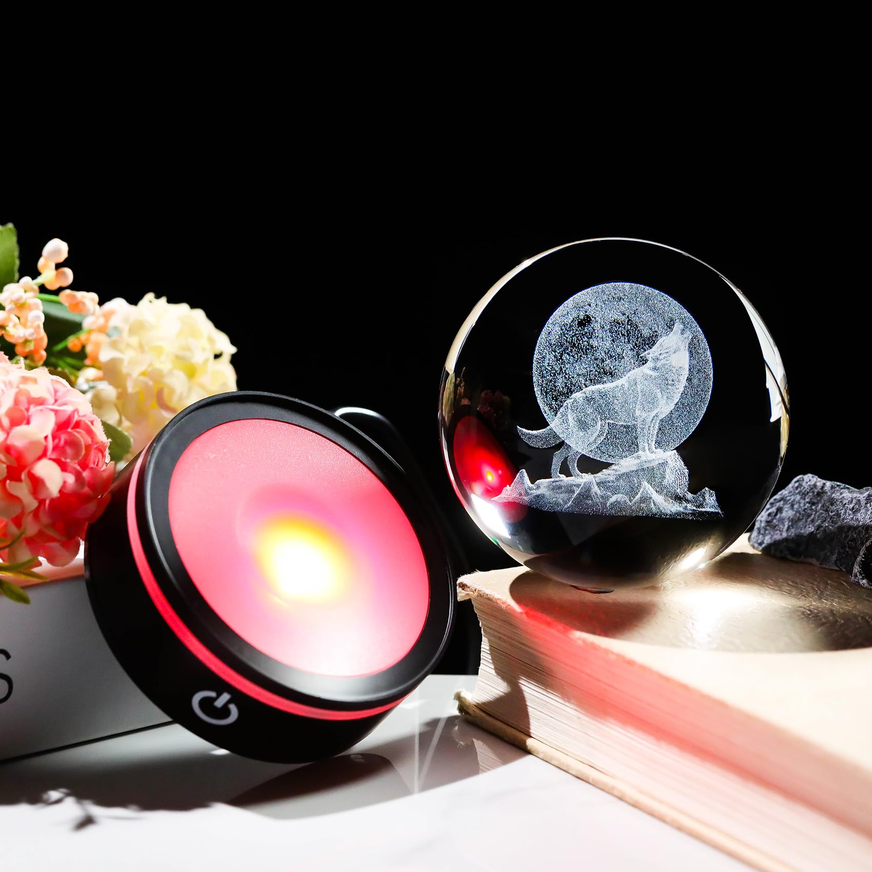 YWHL 3D Crystal Ball Moon Wolf Figurine with Colorful LED Base, Laser Wolf Gifts for Women Men Wolves Lovers on Christmas Birthd