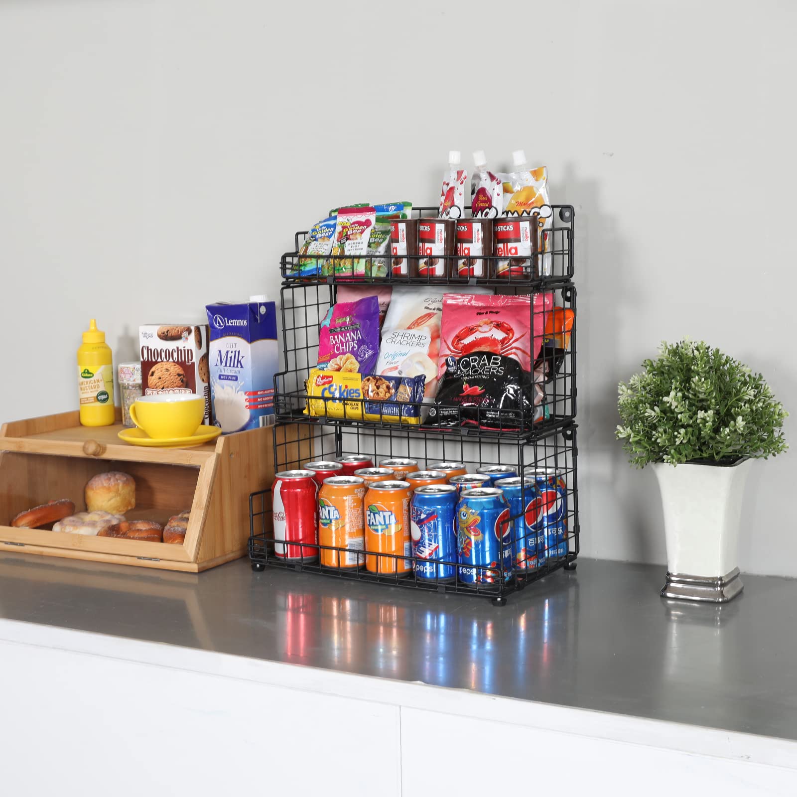 X-Cosrack Stackable Wire Basket 3 Tier Countertop& Wall Mounted Metal Storage Basket For Kitchen Pantry Cabinet, Muti-Functional