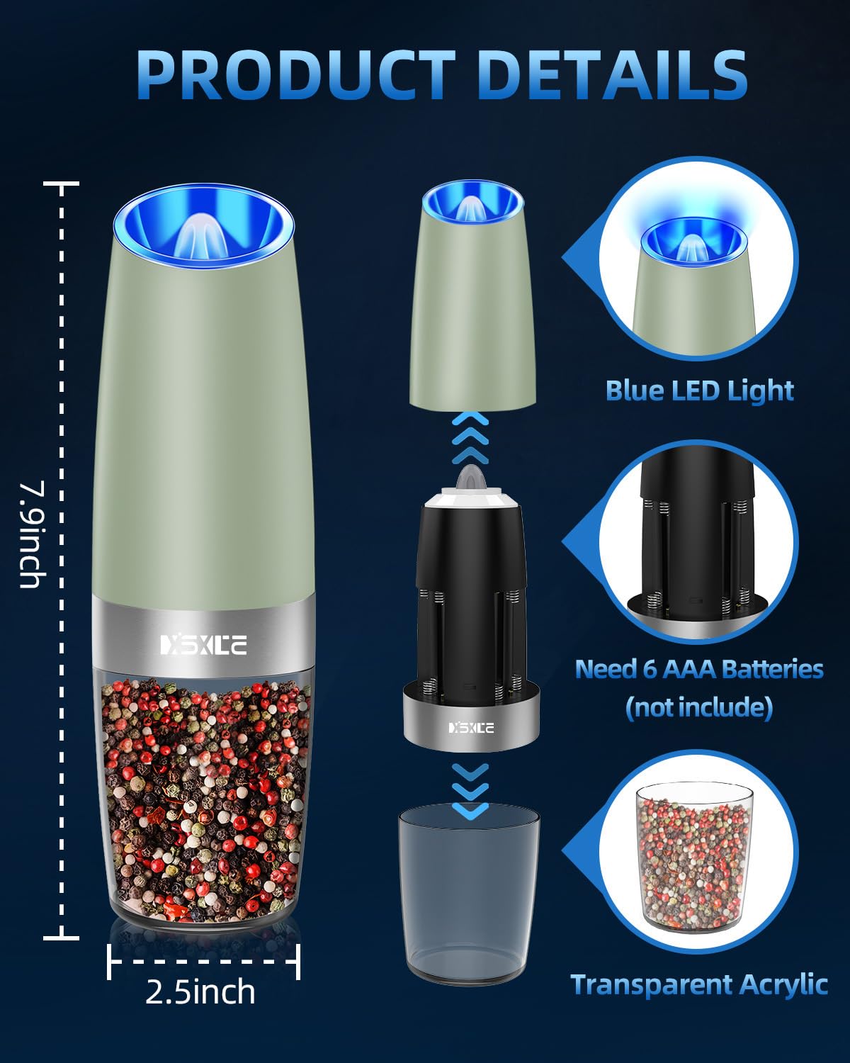 XinXu Gravity Electric Pepper and Salt Grinder Set, Adjustable Coarseness, with LED Light, One Hand Automatic Operation (Set/Lig