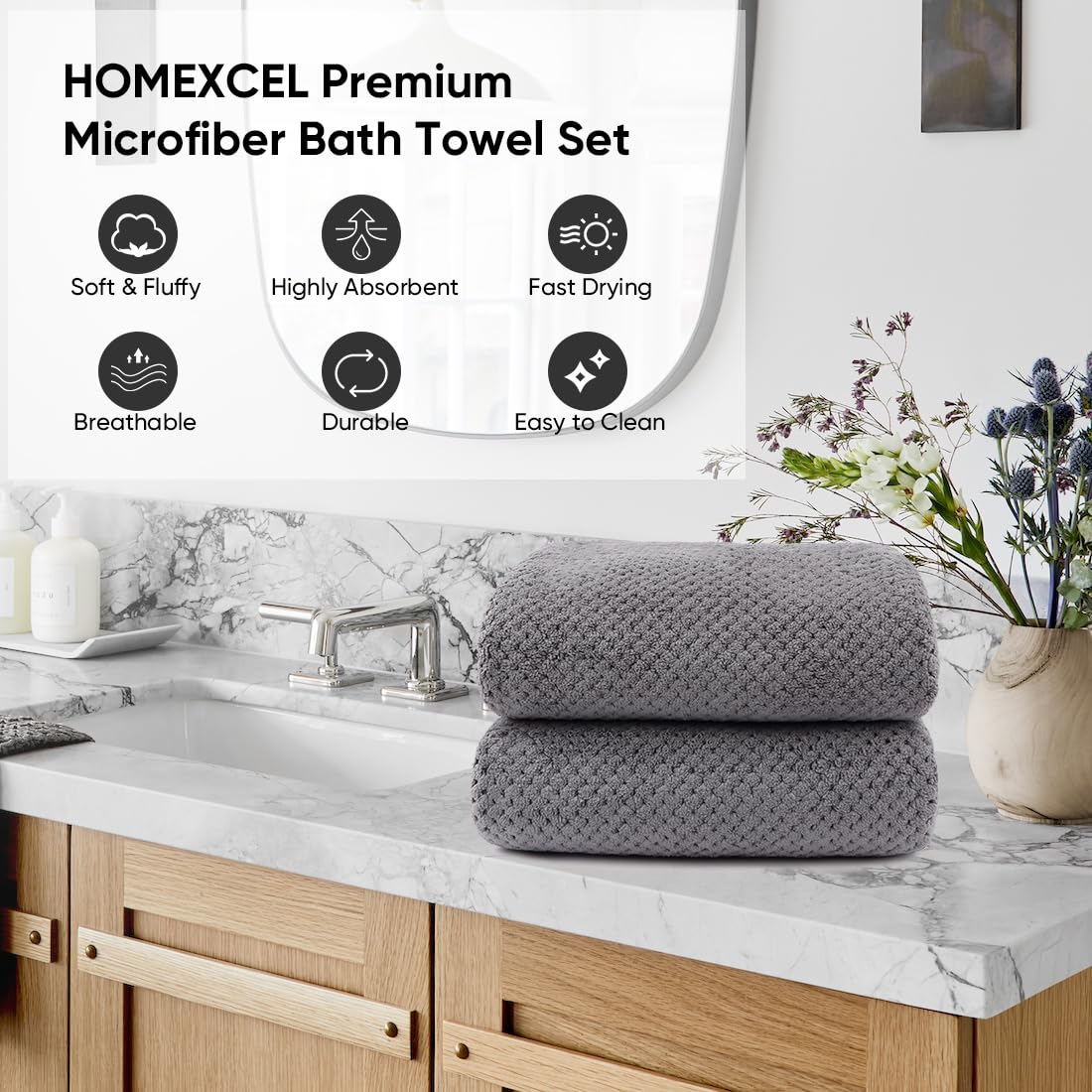 Homexcel Bath Towel Set Pack Of 2, (27 X 54 Inches) Microfiber Ultra Soft Highly Absorbent Bath Towel, Lightweight And Quick Dry