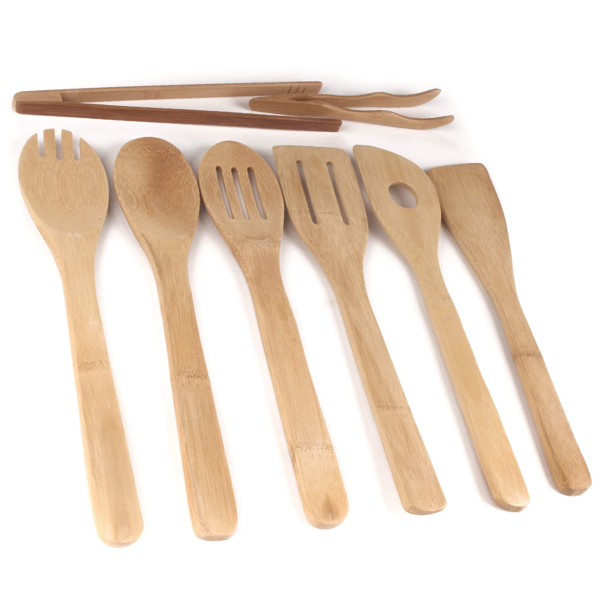 BambooMN Organic Bamboo Utensil Set - 8 Piece Spatula, Spoon, Tongs - Eco-Friendly Kitchen Tools