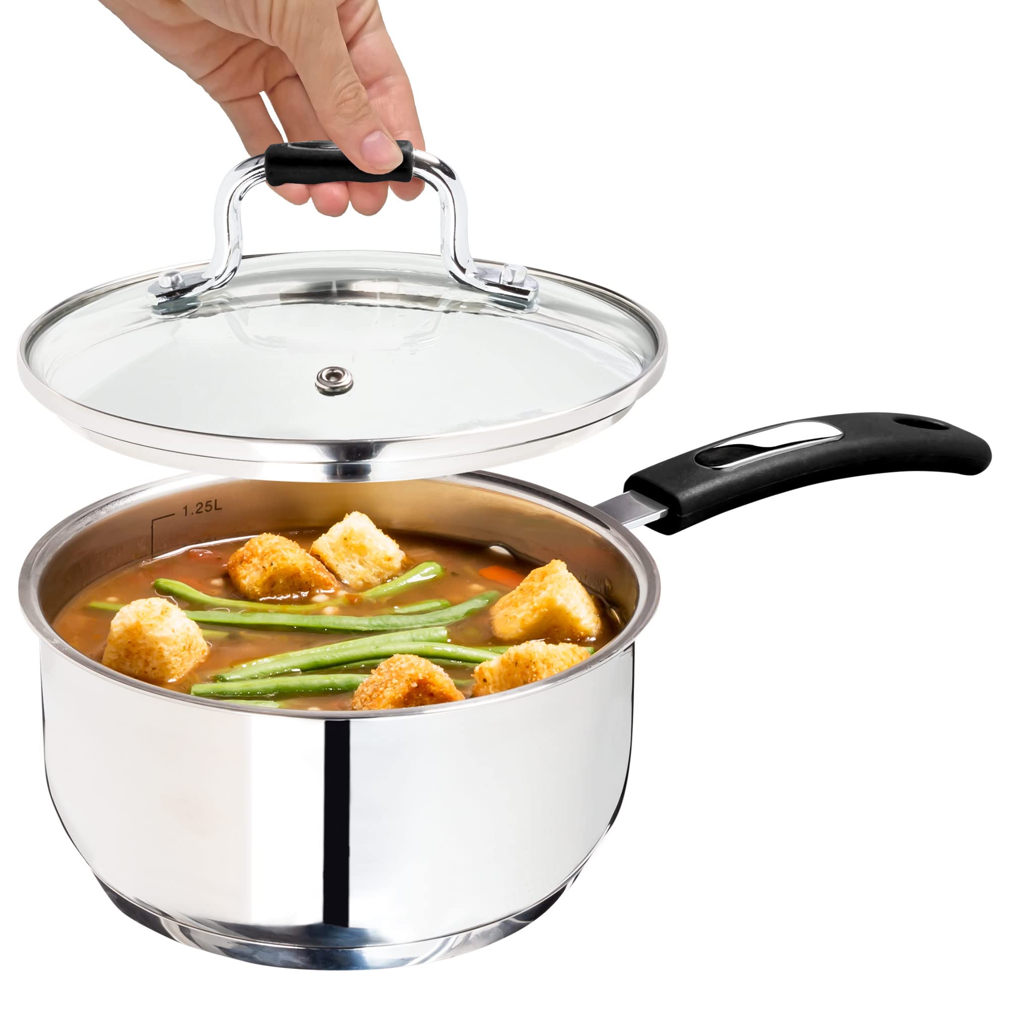 Millvado Sauce Pan, Stainless Steel 1.7 Quart Sauce Pan With Clear Glass Lid And Permanent Measurement Markings, Small Boiling P