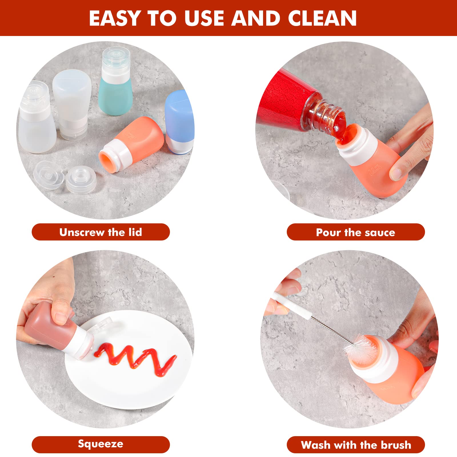 Webake 2Oz Salad Dressing Container To Go, 5 Pack Condiment Squeeze Bottles Silicone Sauce Bottles With 2Pcs Cleaning Brush, Lea