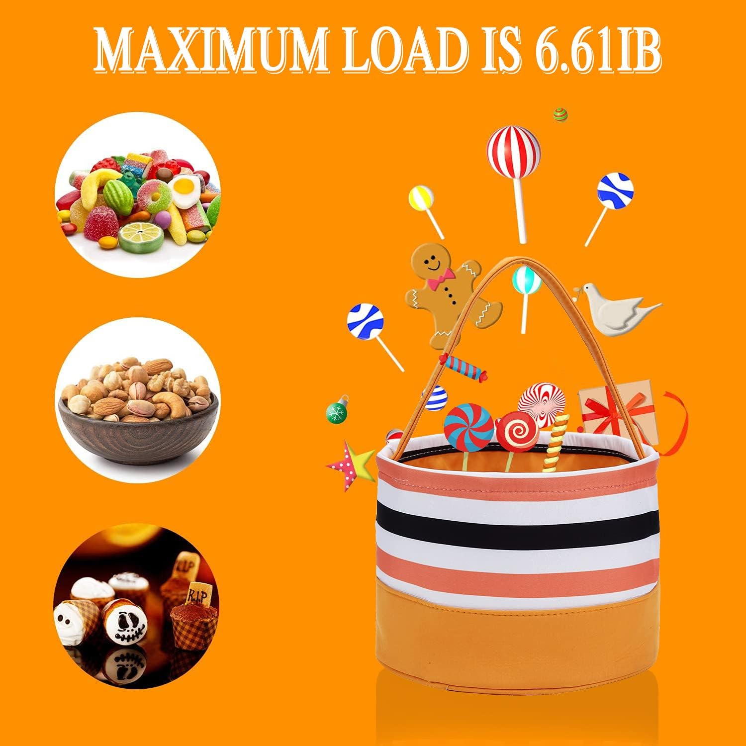 Oufegm Halloween Candy Basket Halloween Trick Or Treat Bags Halloween Candy Buckets Fabric Gift Bags Halloween Parties(Orangestr