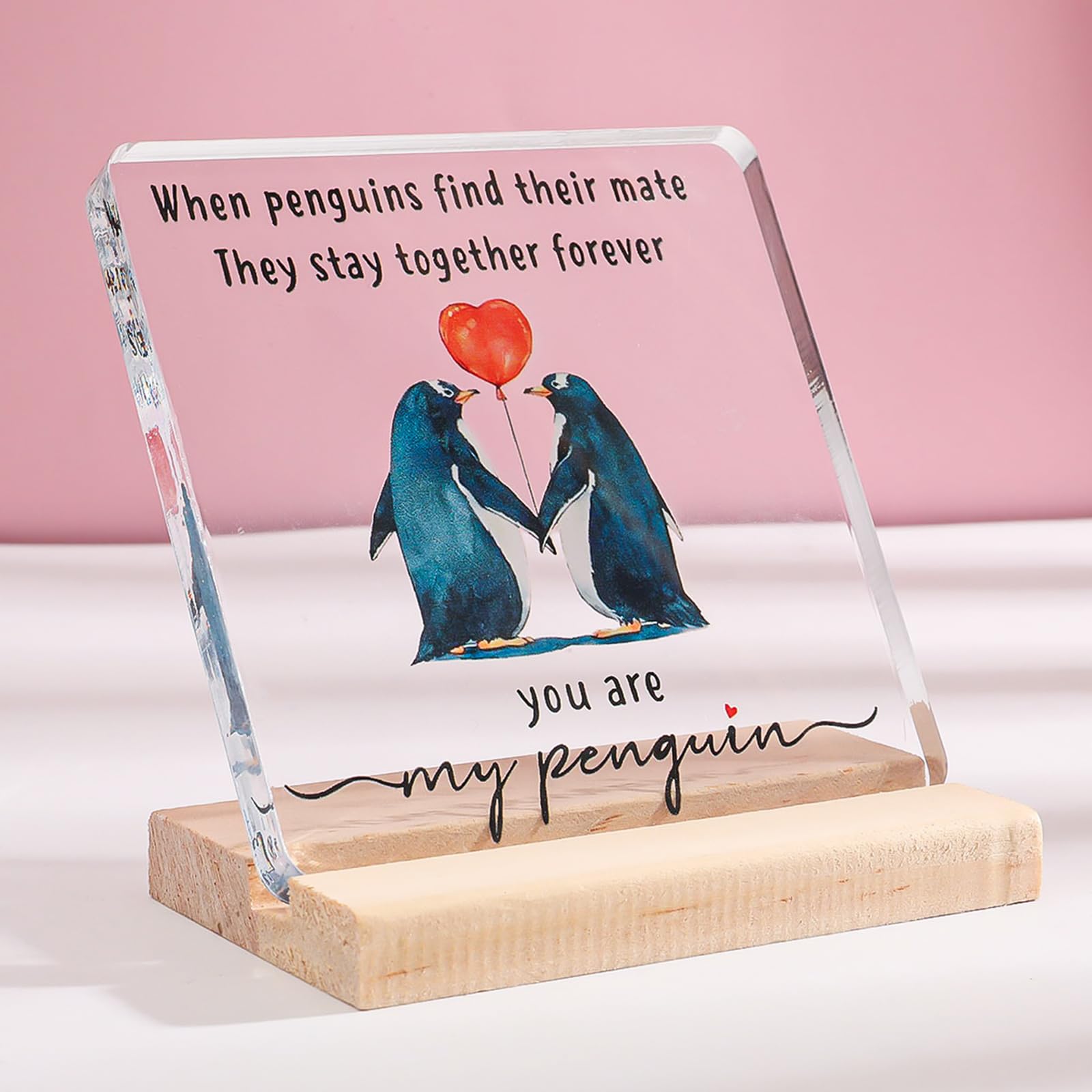 Valentines Day Gift for Her Him - Wedding Anniversary Acrylic Plaque Keepsake - Penguin Romantic I Love You Gifts for Couple Wif